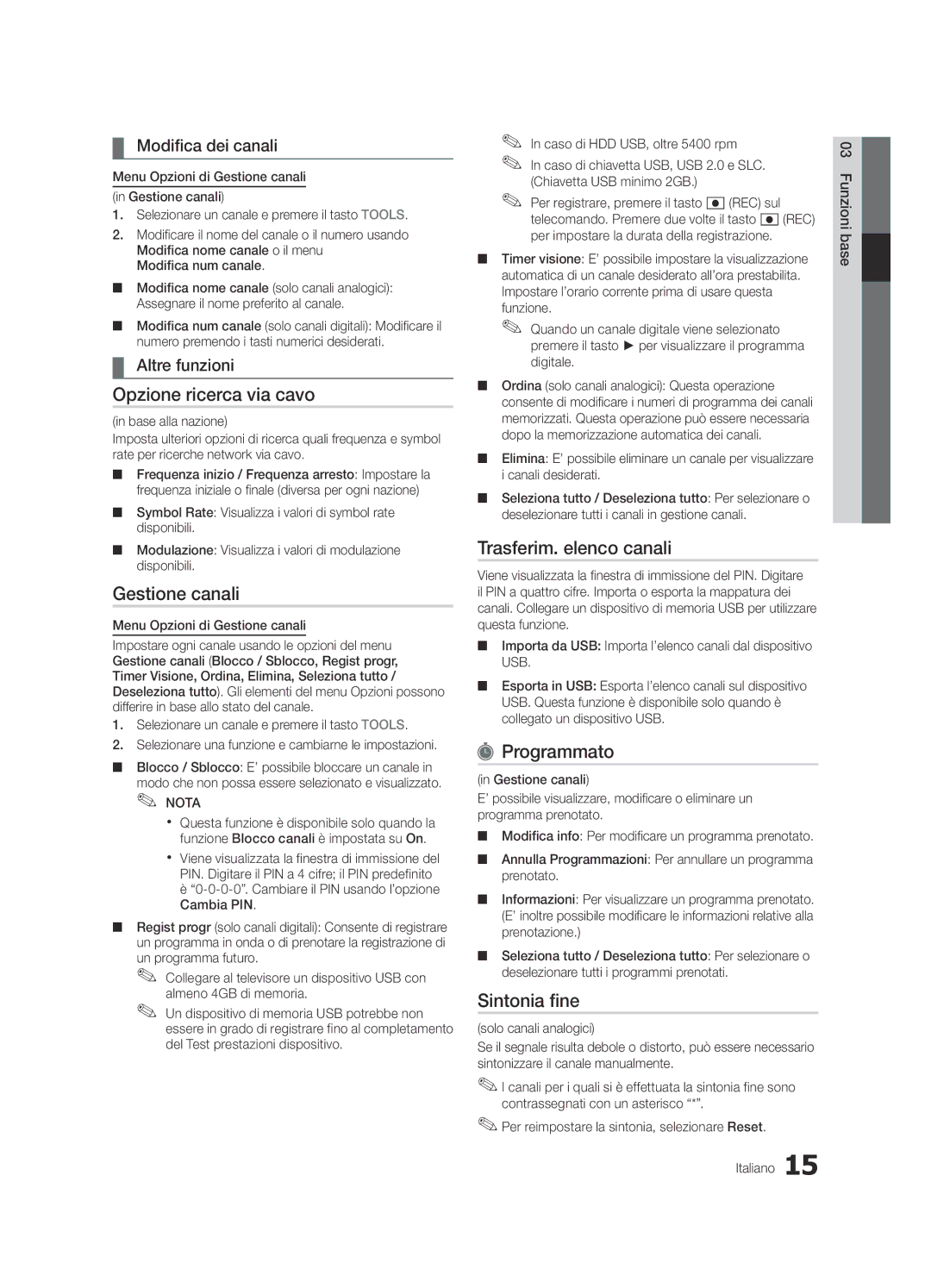 Samsung UE55C8780XSXZG, UE55C8700XSXXN manual Opzione ricerca via cavo, Trasferim. elenco canali, Programmato, Sintonia fine 