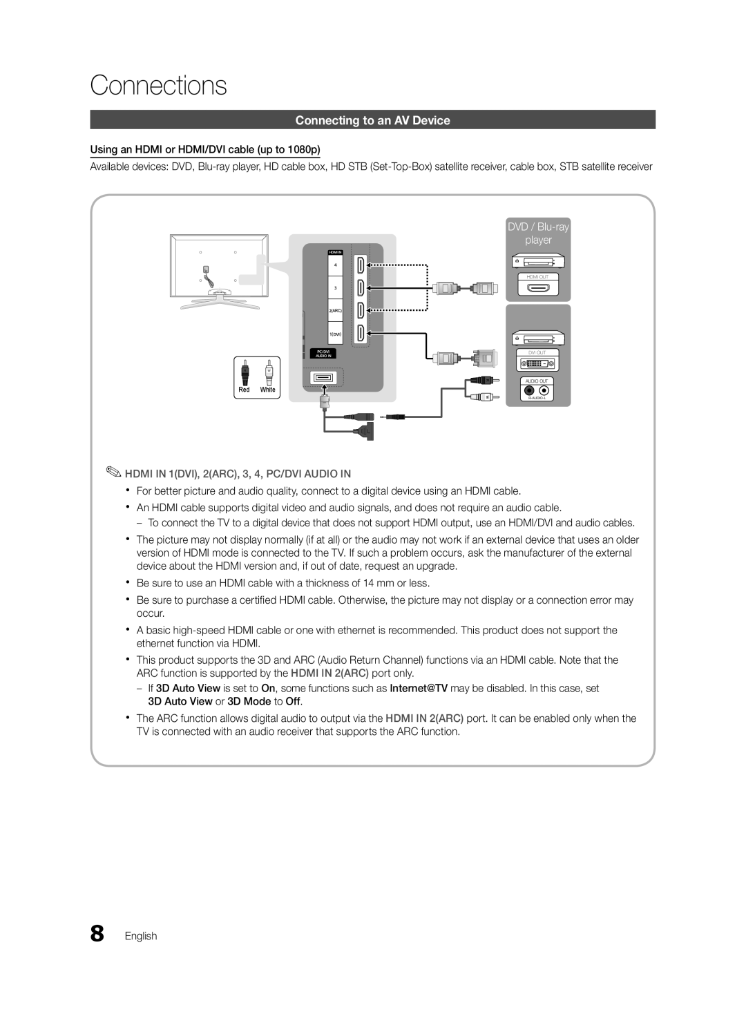 Samsung UE55C8700XSXZG manual Connections, Connecting to an AV Device, Using an Hdmi or HDMI/DVI cable up to 1080p 