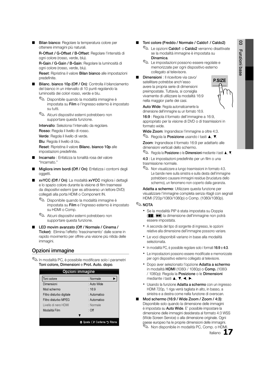 Samsung UE55C8700XSXXN, UE55C8790XSXZG manual Opzioni immagine, Satellitare potrebbe anch’esso, Italiano Funzioni base 