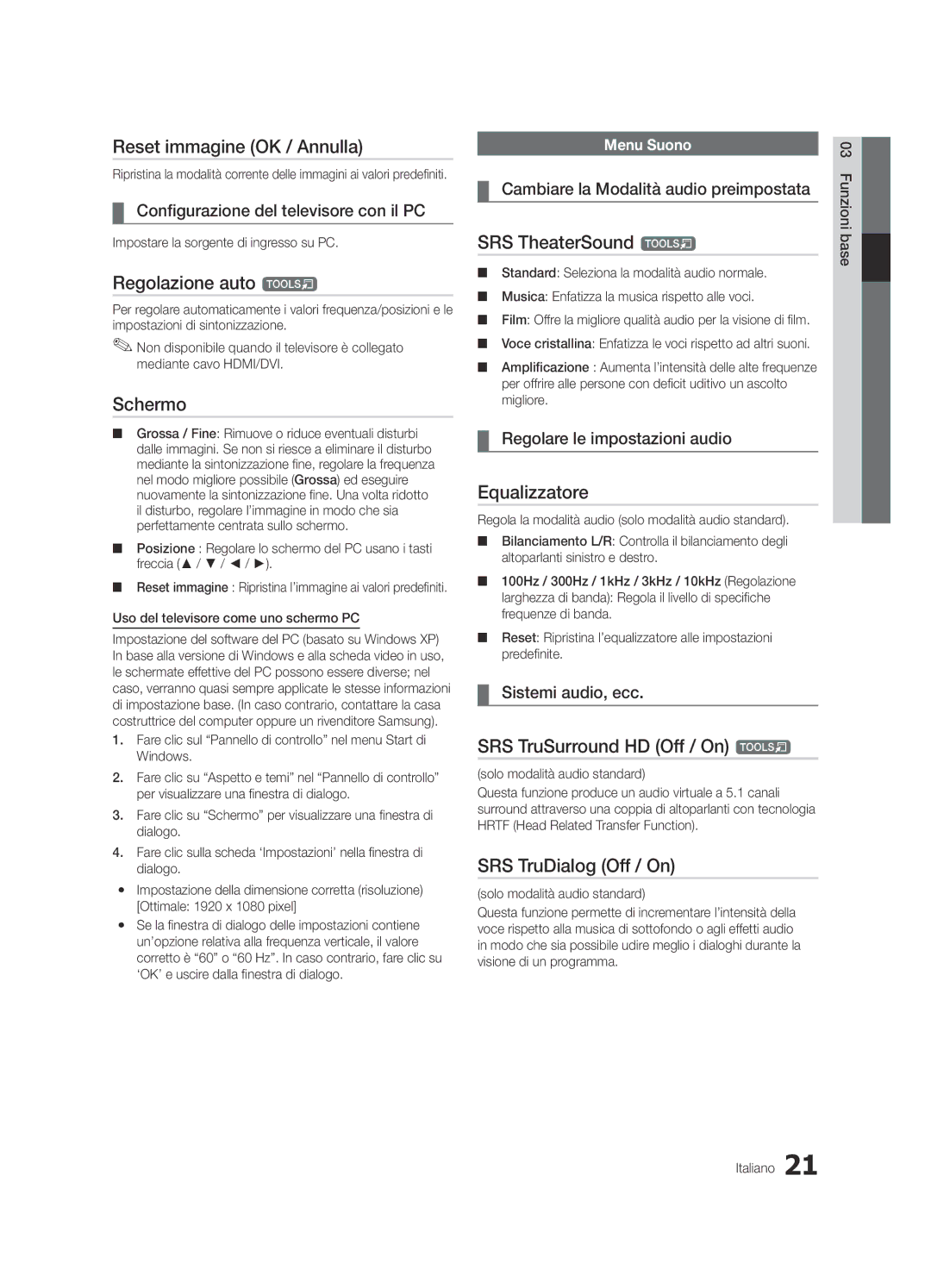 Samsung UE46C8000XPXZT, UE55C8700XSXXN manual Reset immagine OK / Annulla, Regolazione auto t, Schermo, Equalizzatore 