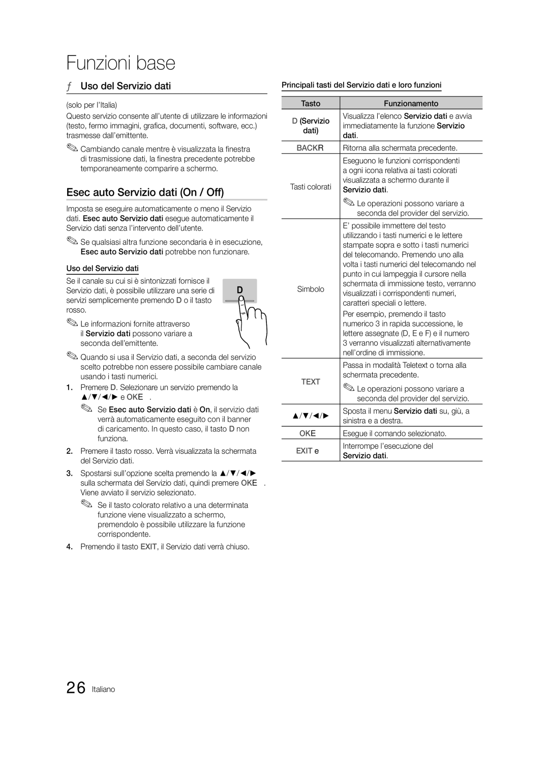 Samsung UE55C8700XSXXN, UE55C8790XSXZG, UE40C8000XPXZT manual Esec auto Servizio dati On / Off, Uso del Servizio dati 