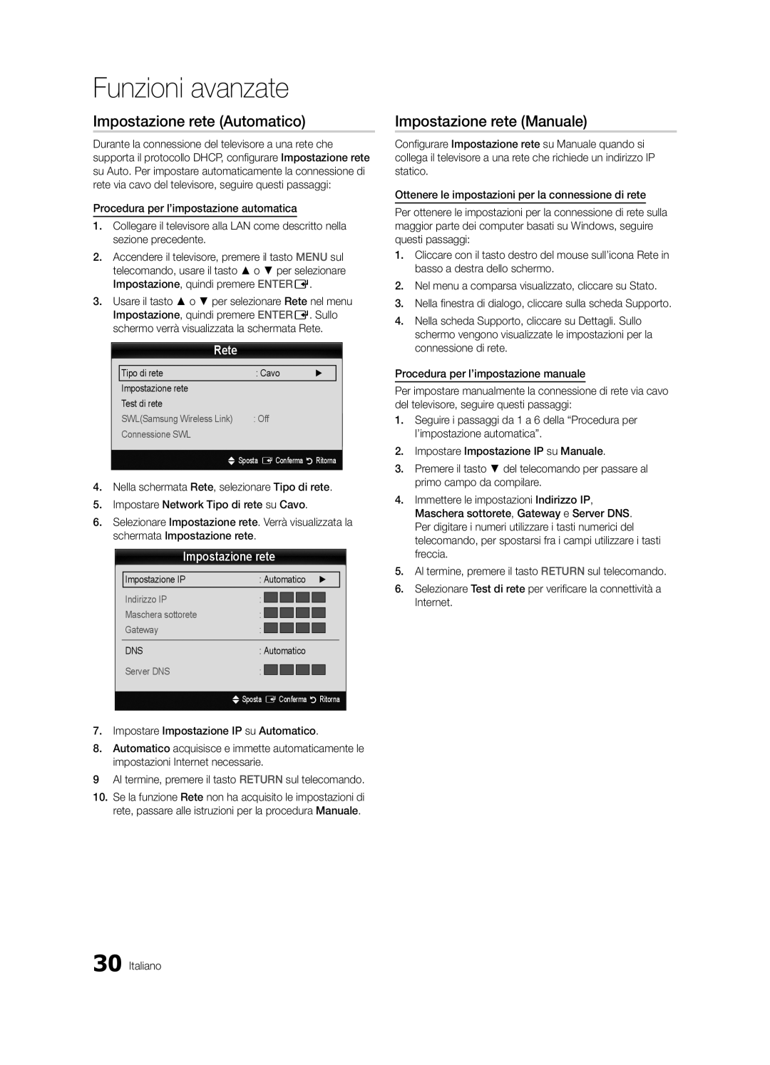 Samsung UE46C8000XPXZT, UE55C8700XSXXN, UE55C8790XSXZG manual Impostazione rete Automatico, Impostazione rete Manuale, Rete 