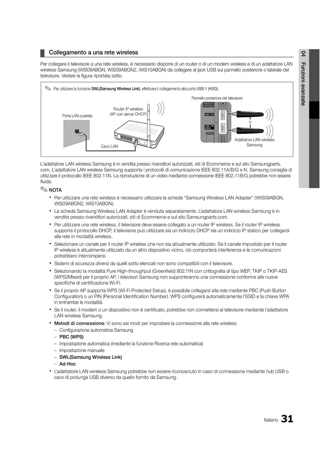 Samsung UE55C8000XKXXU manual Collegamento a una rete wireless, Porta LAN a parete AP con server Dhcp, Cavo LAN Samsung 