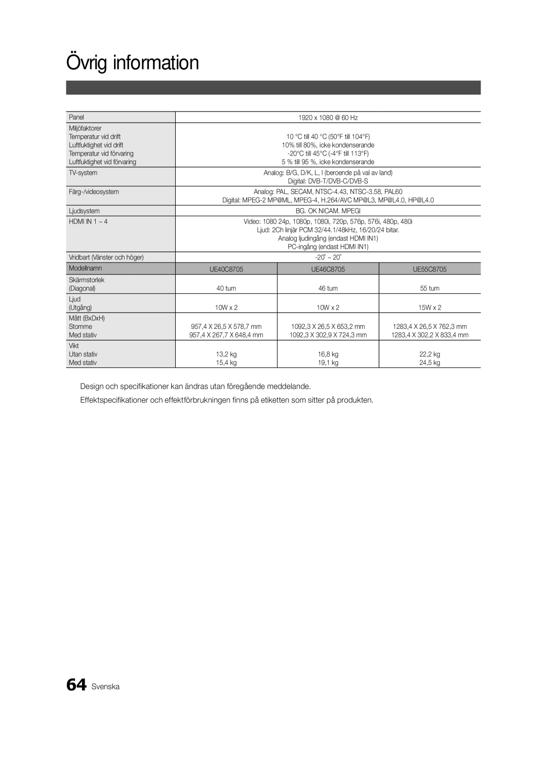 Samsung UE46C8705, UE55C8705, UE40C8705 user manual Specifikationer 