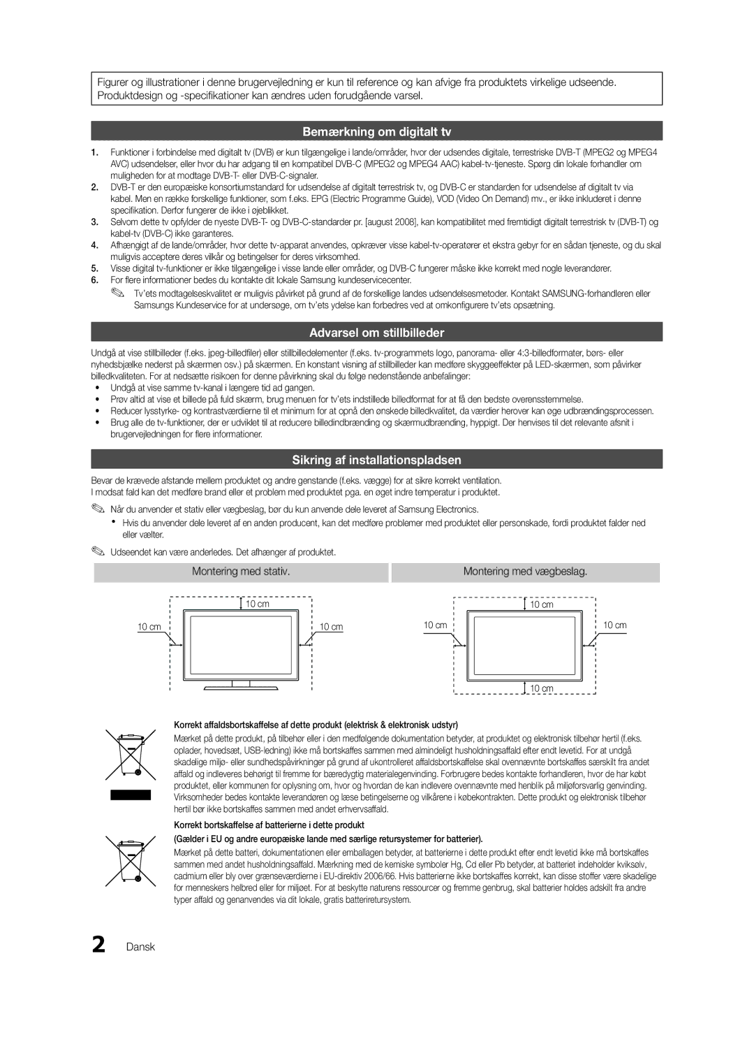 Samsung UE40C8705, UE55C8705, UE46C8705 user manual Montering med vægbeslag, Dansk 