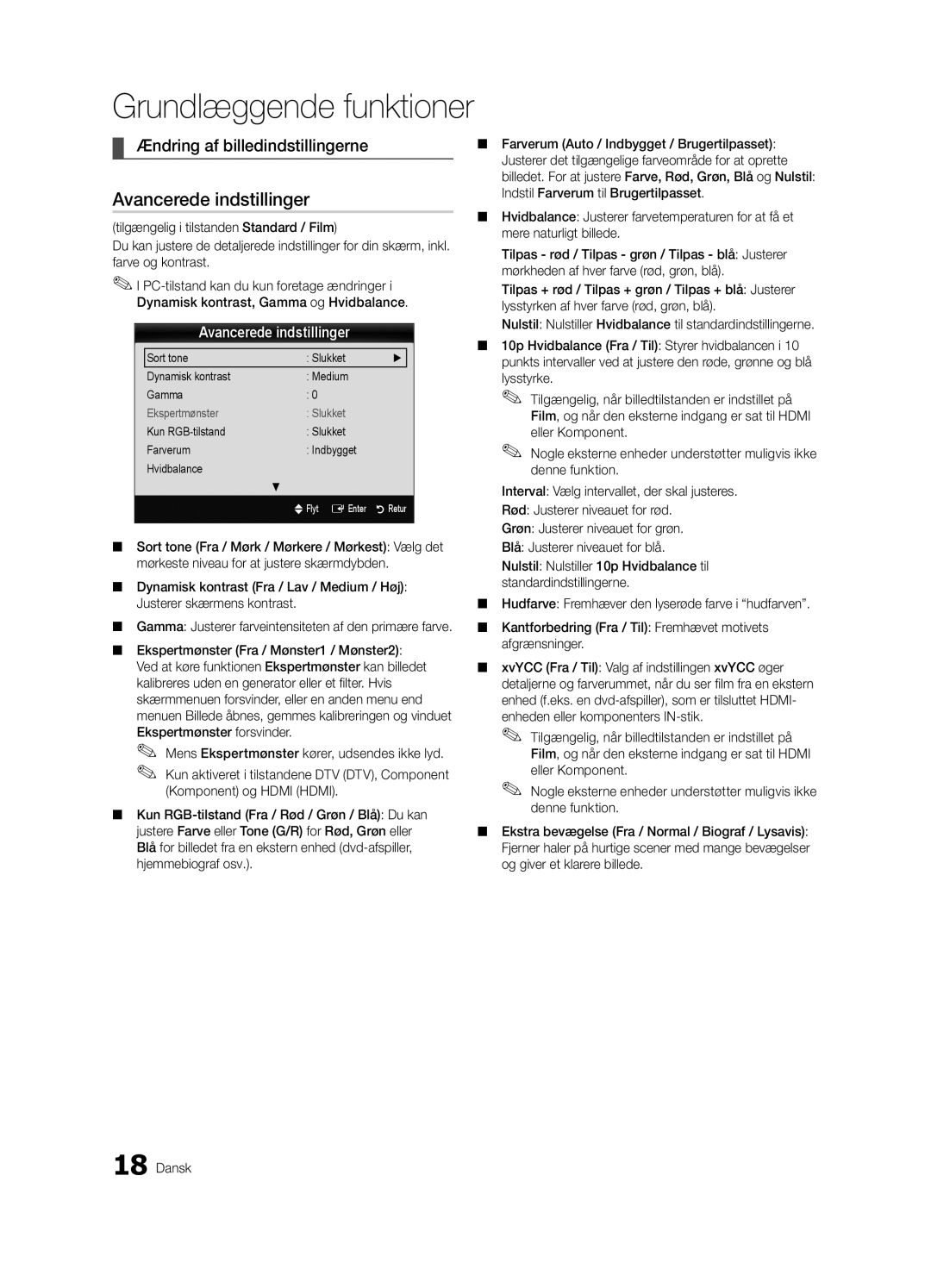 Samsung UE46C8705, UE55C8705, UE40C8705 user manual Avancerede indstillinger, Ændring af billedindstillingerne 