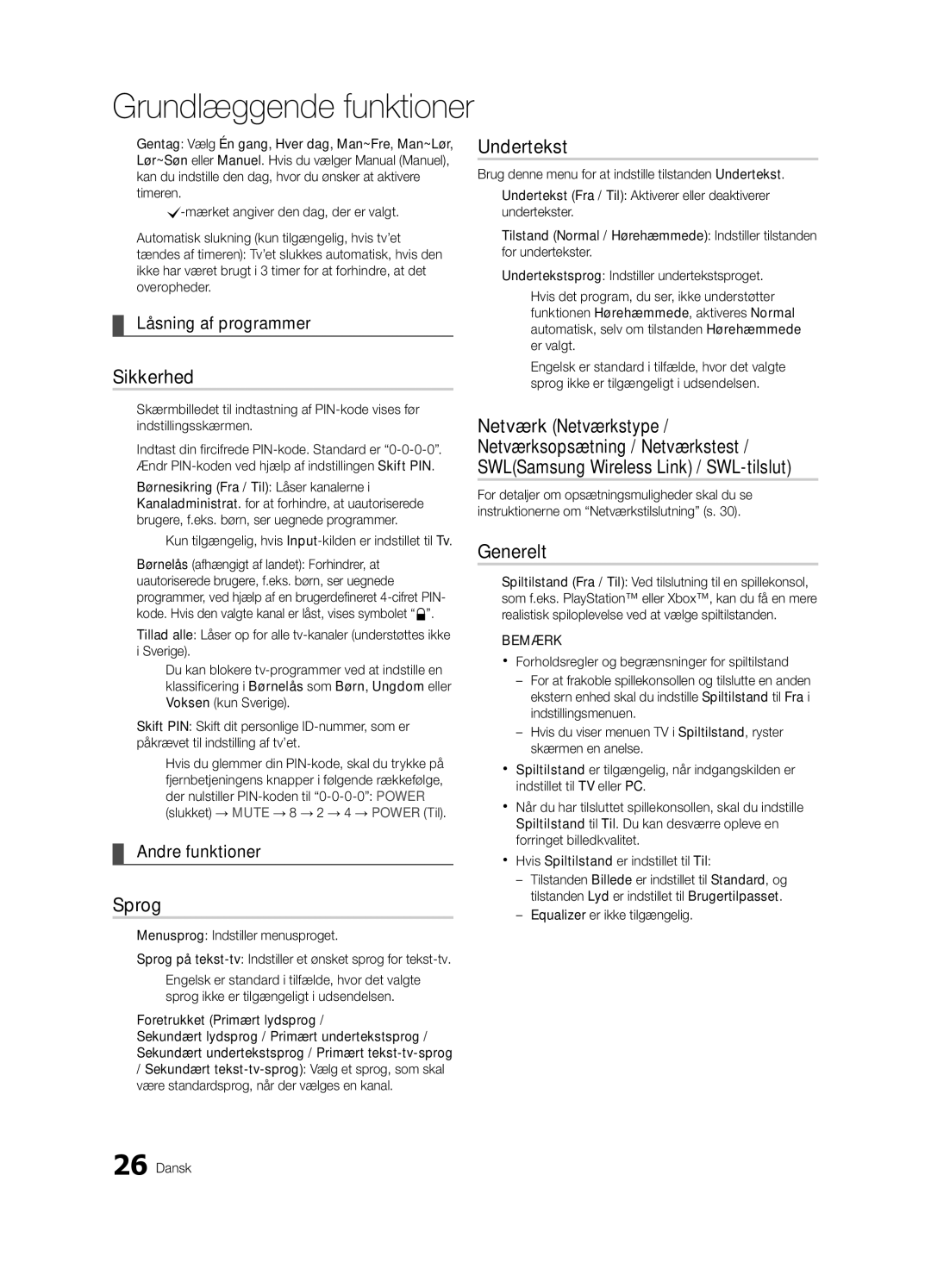 Samsung UE40C8705, UE55C8705, UE46C8705 user manual Sikkerhed, Sprog, Undertekst, Generelt, Låsning af programmer 