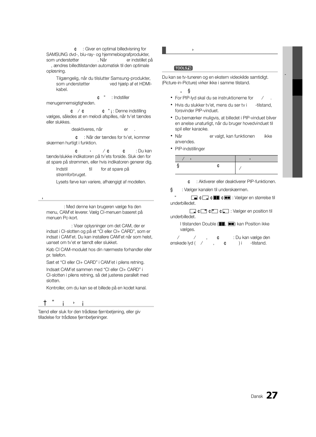 Samsung UE46C8705, UE55C8705, UE40C8705 user manual Fælles interface, Trådløs fjernbetjening, Billede i billede PIP 