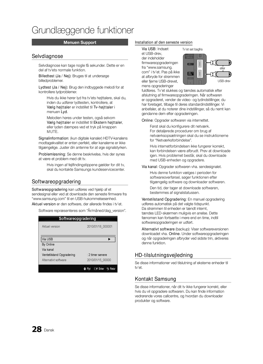 Samsung UE55C8705, UE40C8705, UE46C8705 Selvdiagnose, Softwareopgradering, HD-tilslutningsvejledning, Kontakt Samsung 