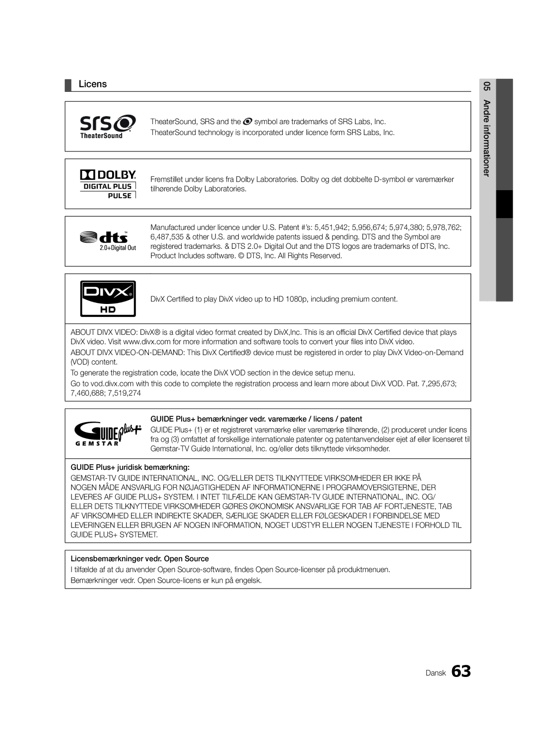 Samsung UE46C8705, UE55C8705, UE40C8705 user manual Licens, Guide Plus+ juridisk bemærkning 