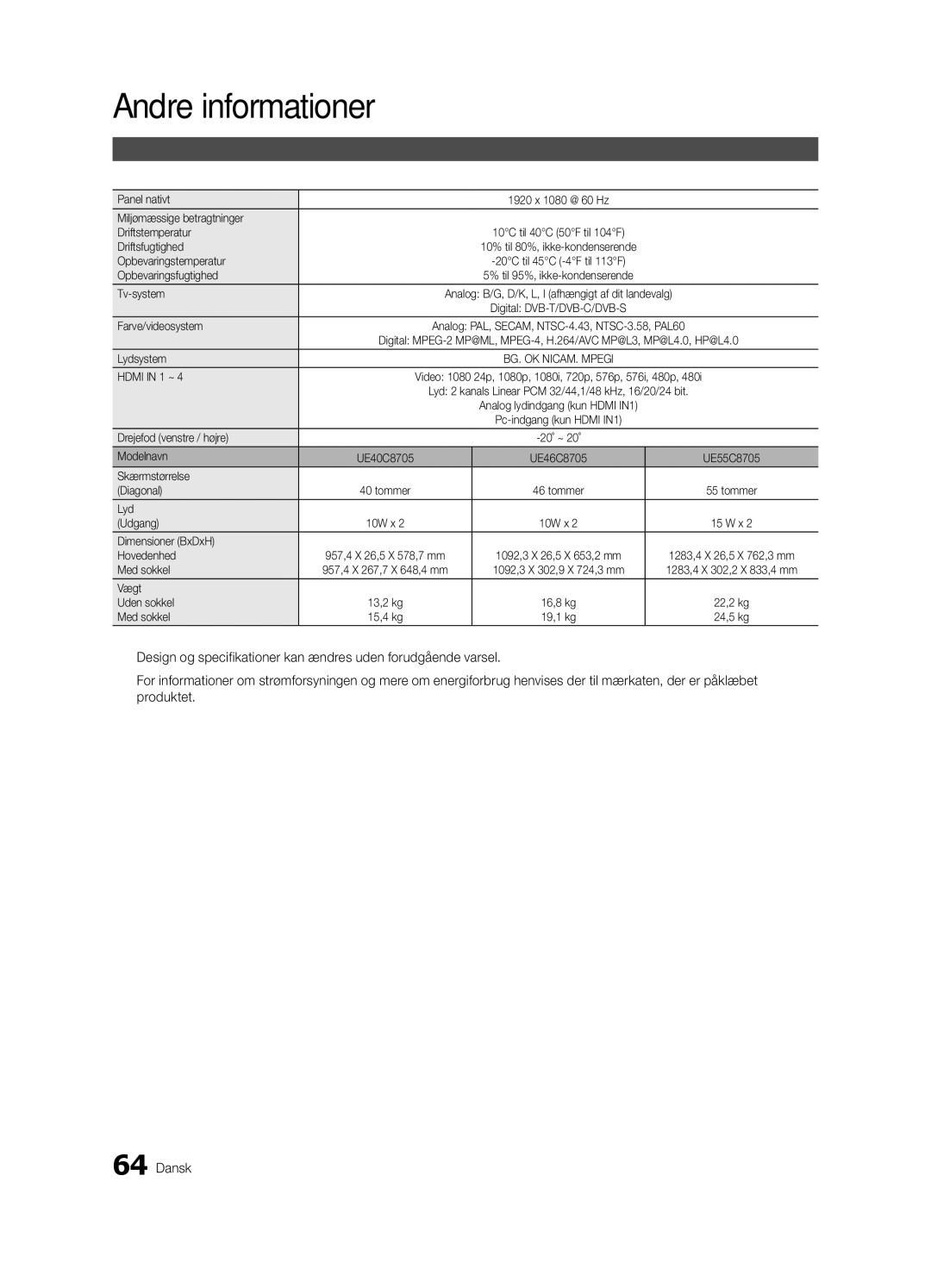 Samsung UE55C8705 Panel nativt, Miljømæssige betragtninger Driftstemperatur, Driftsfugtighed, Opbevaringstemperatur 