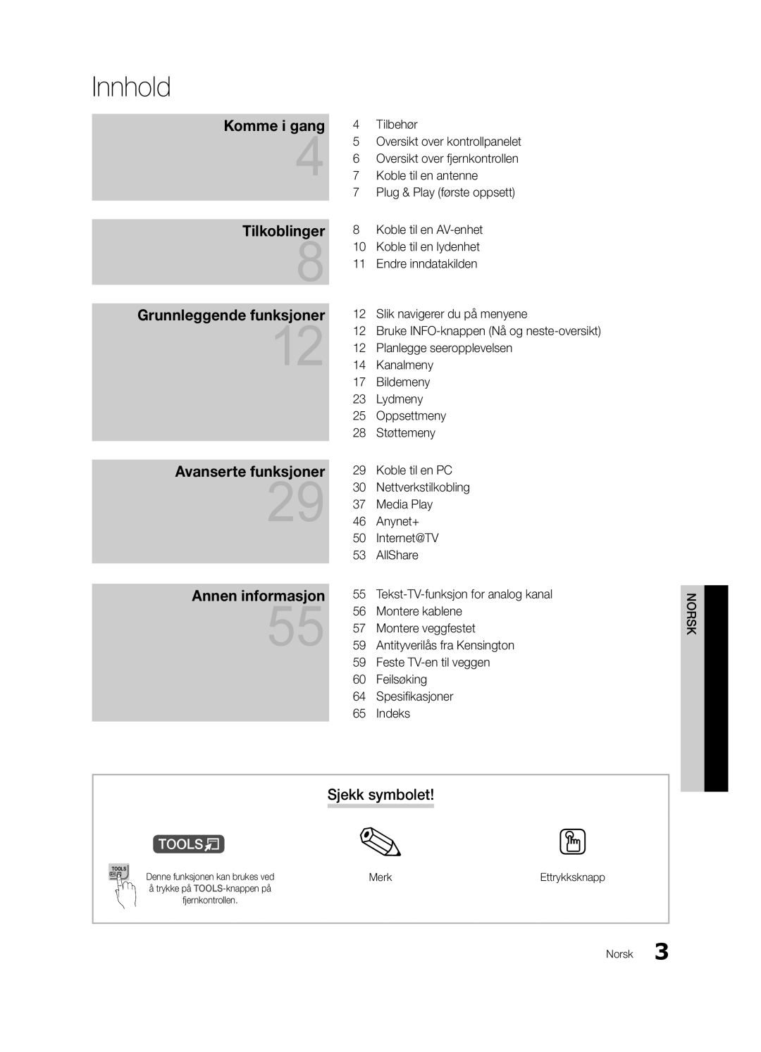 Samsung UE55C8705, UE40C8705, UE46C8705 user manual Innhold, Sjekk symbolet, Merk 