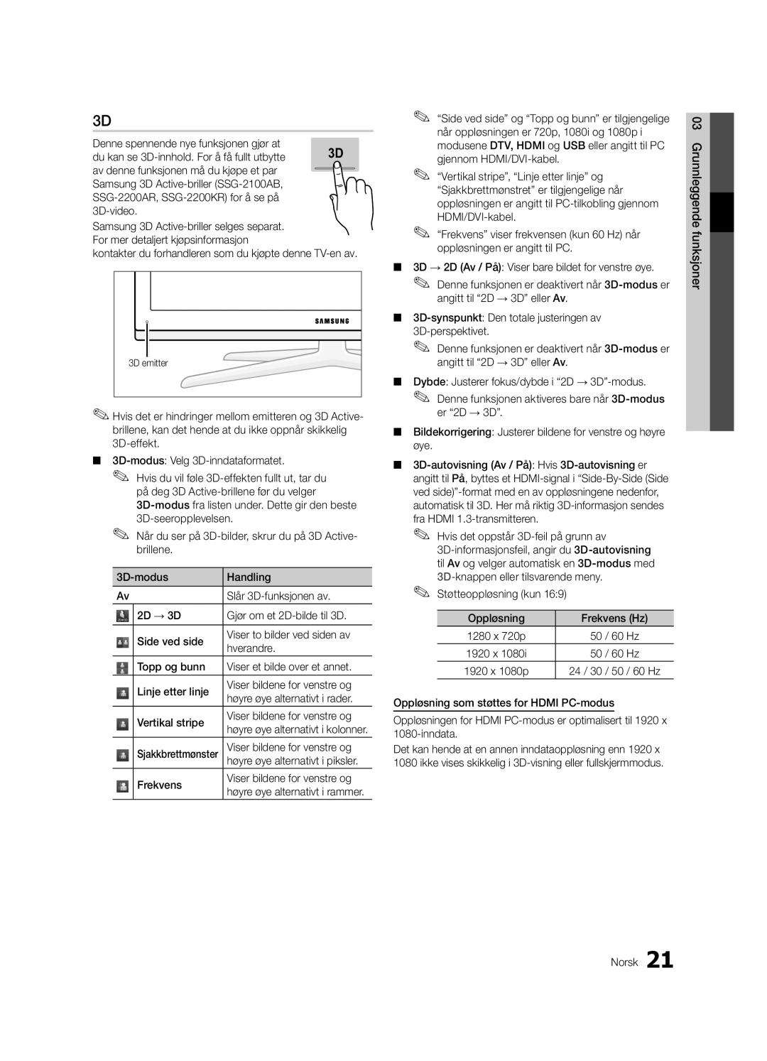 Samsung UE55C8705, UE40C8705 Kontakter du forhandleren som du kjøpte denne TV-en av, Frekvens Viser bildene for venstre og 