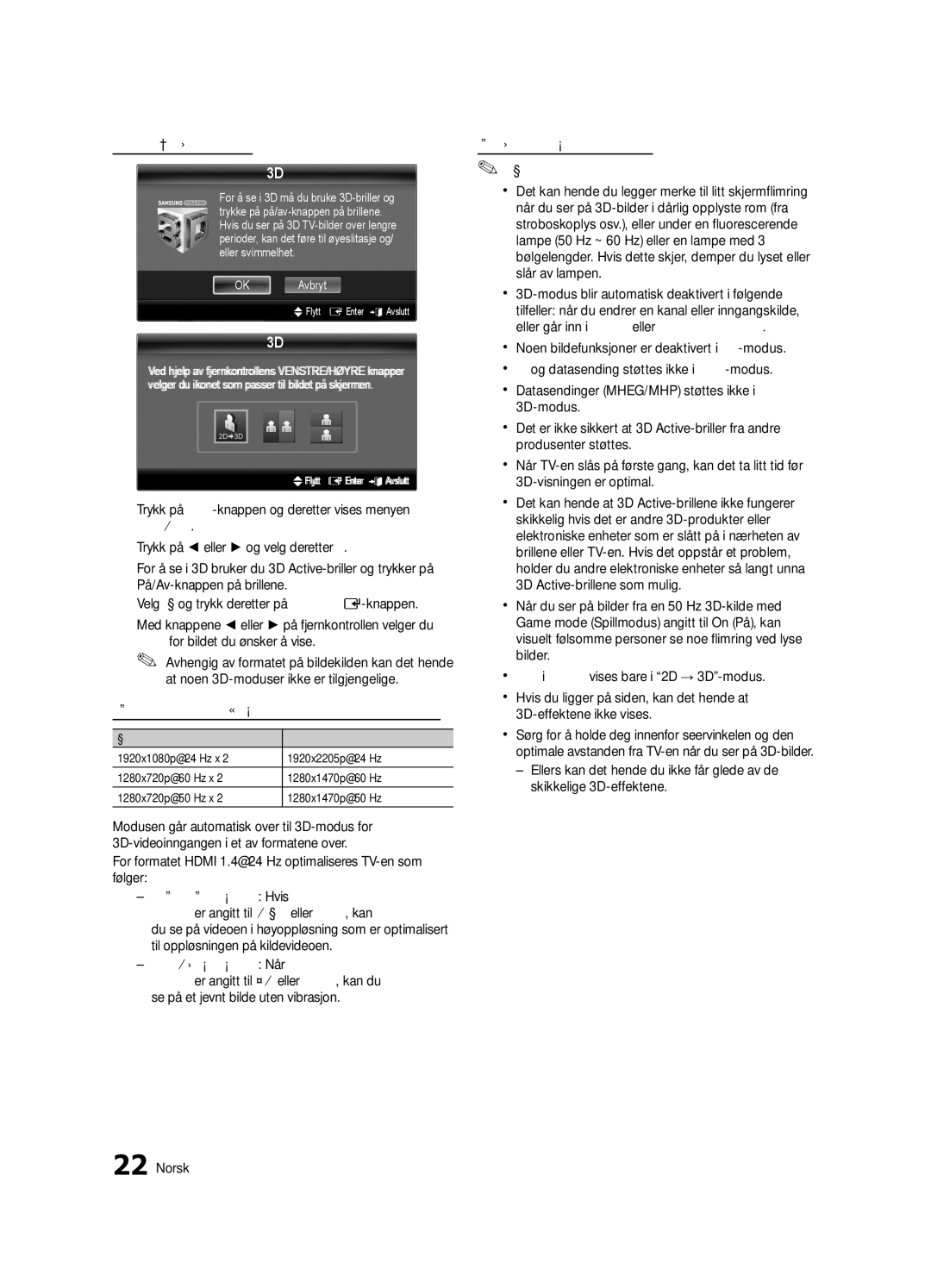 Samsung UE40C8705, UE55C8705, UE46C8705 user manual Slik ser du på 3D-bildet, UFlytt E Enter e Avslutt 