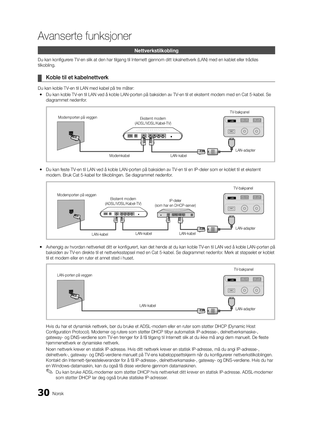 Samsung UE55C8705 Koble til et kabelnettverk, Nettverkstilkobling, TV-bakpanel Modemporten på veggen, Modemkabel LAN-kabel 