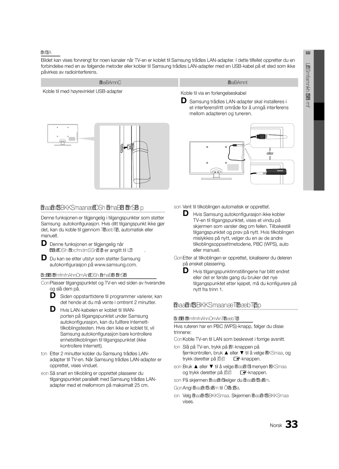 Samsung UE55C8705, UE40C8705, UE46C8705 user manual Nettverksoppsett Samsung autokonfigurasjon, Nettverksoppsett PBC WPS 