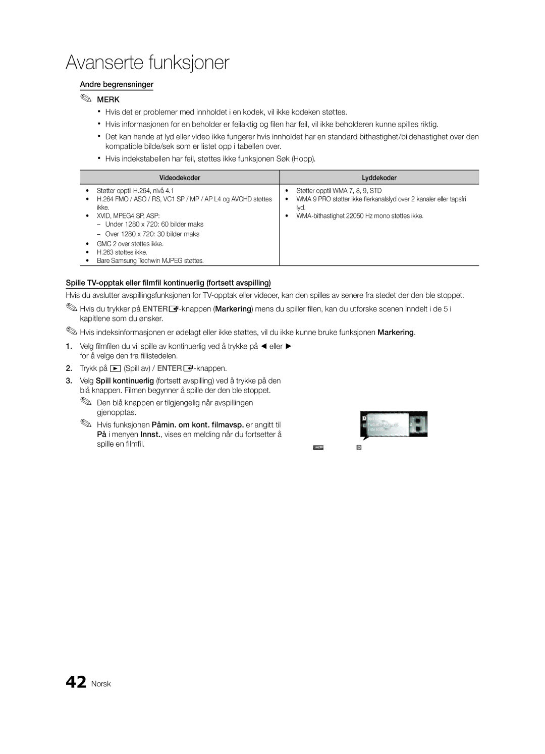 Samsung UE55C8705, UE40C8705, UE46C8705 user manual Ikke Lyd, WMA-bithastighet 22050 Hz mono støttes ikke 