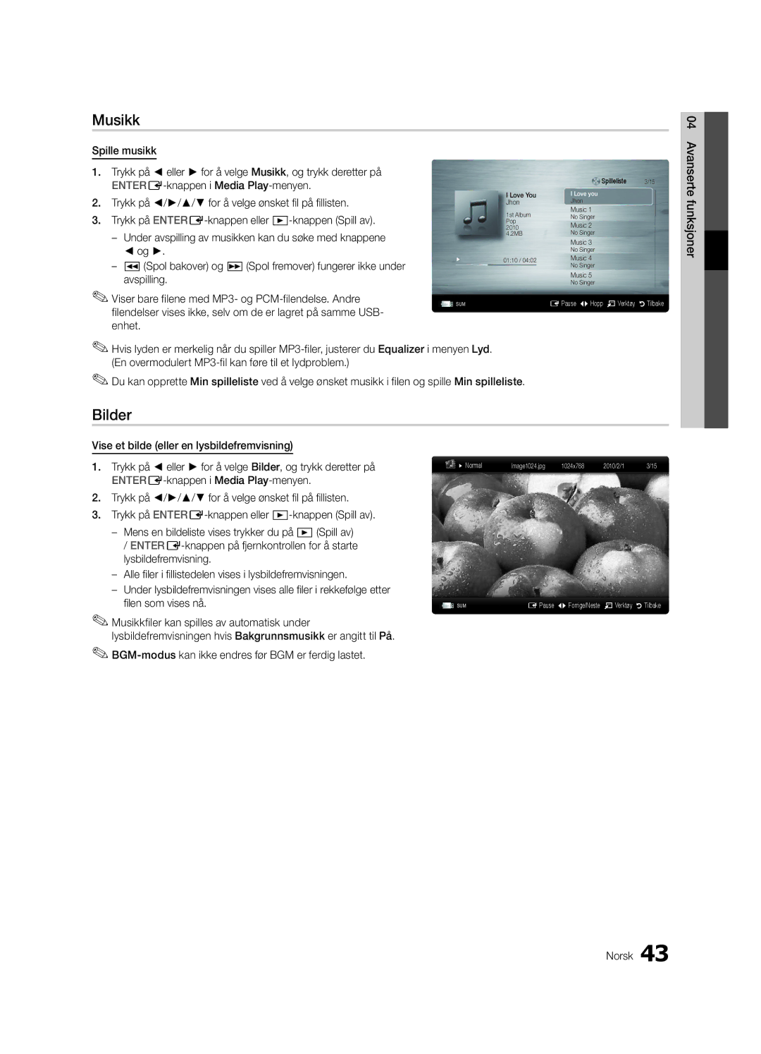 Samsung UE40C8705, UE55C8705, UE46C8705 Musikk, Bilder, BGM-modus kan ikke endres før BGM er ferdig lastet, 04funksjoner 