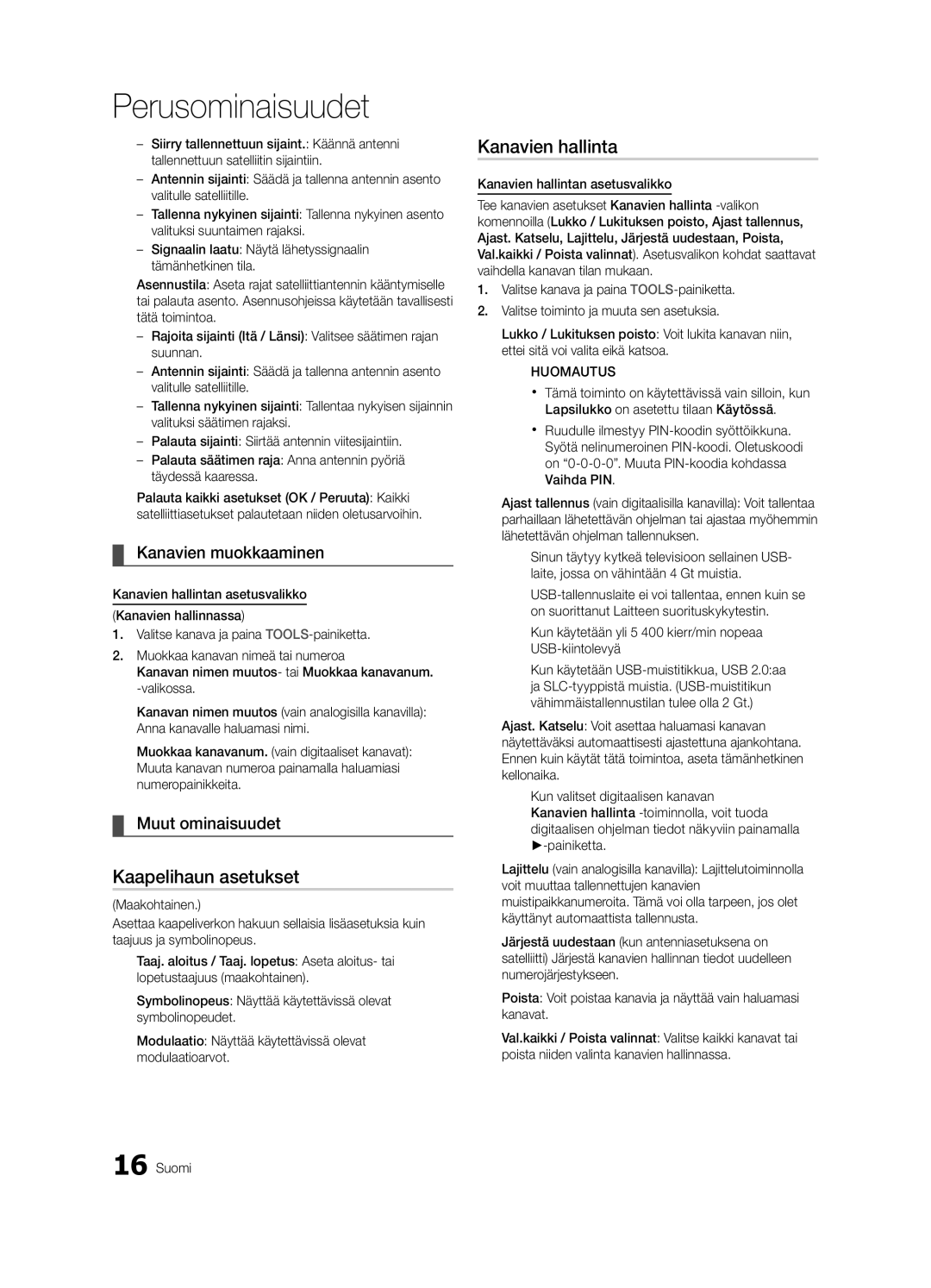 Samsung UE46C8705, UE55C8705, UE40C8705 user manual Kaapelihaun asetukset, Kanavien muokkaaminen, Muut ominaisuudet 