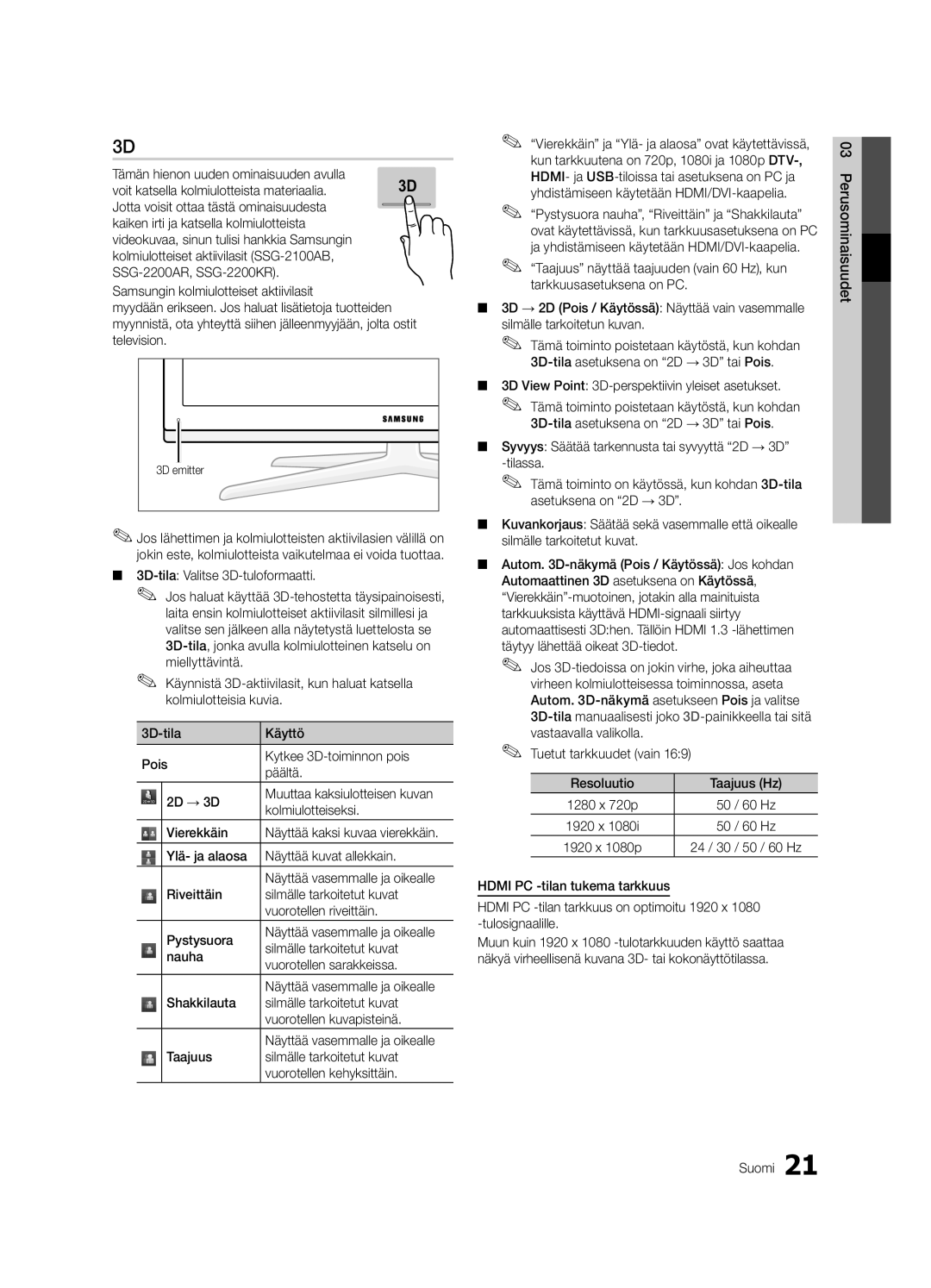 Samsung UE40C8705, UE55C8705, UE46C8705 user manual 3D View Point 3D-perspektiivin yleiset asetukset, Suomi Perusominaisuudet 