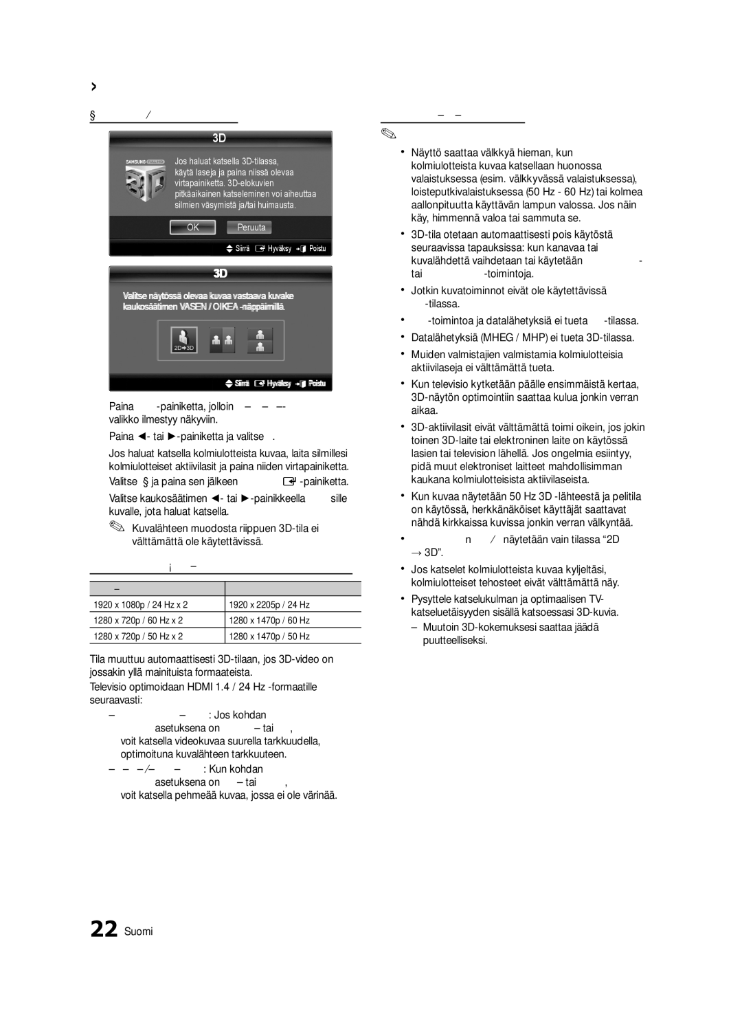 Samsung UE46C8705 Kolmiulotteisten kuvien katselu, Värinänvähennysnäyttötila Kun kohdan, Ennen 3D-toiminnon käyttöä 