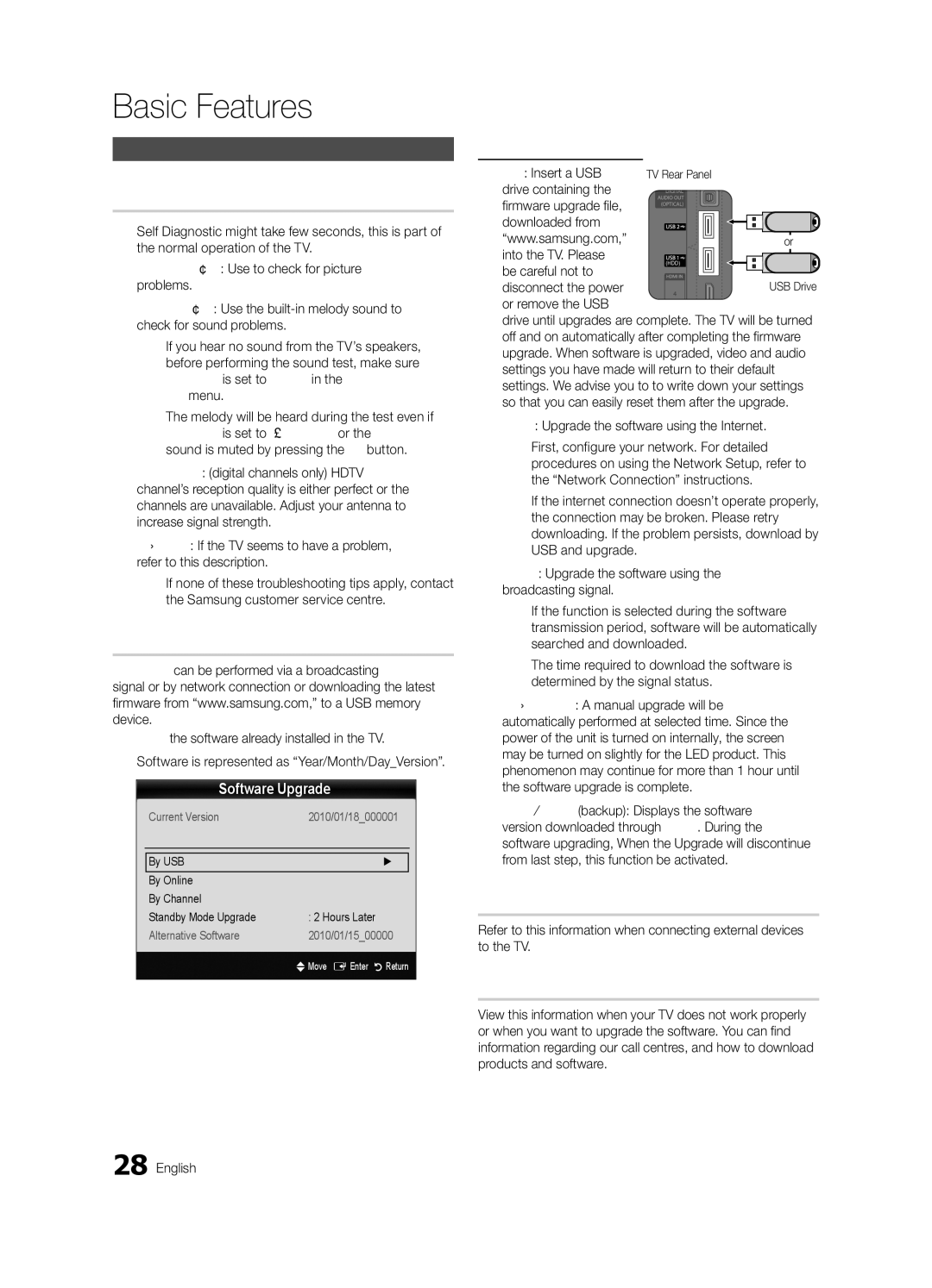 Samsung UE40C8705, UE55C8705, UE46C8705 user manual Self Diagnosis, Software Upgrade, HD Connection Guide, Contact Samsung 