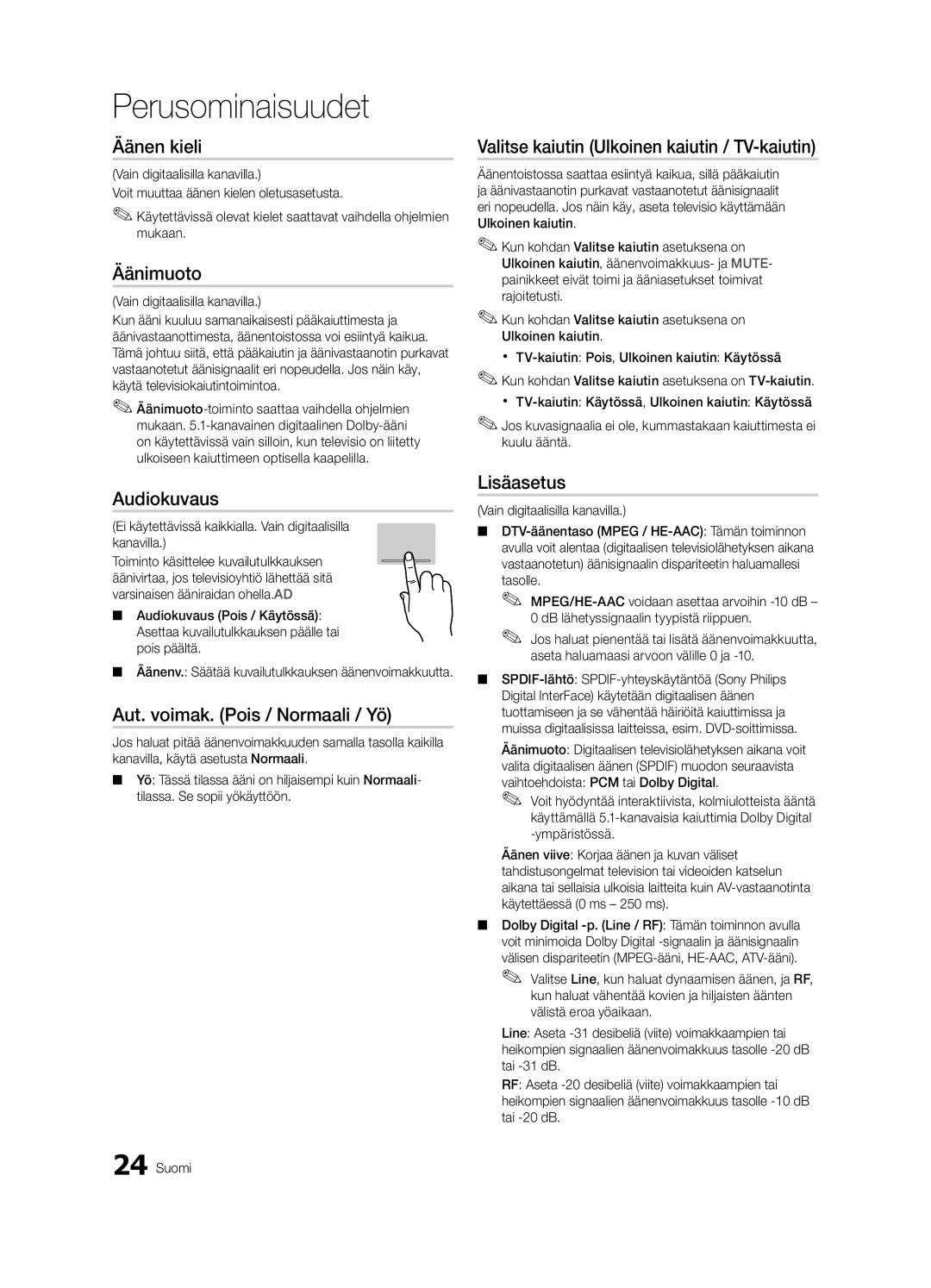 Samsung UE40C8705, UE55C8705, UE46C8705 Äänen kieli, Äänimuoto, Audiokuvaus, Aut. voimak. Pois / Normaali / Yö, Lisäasetus 