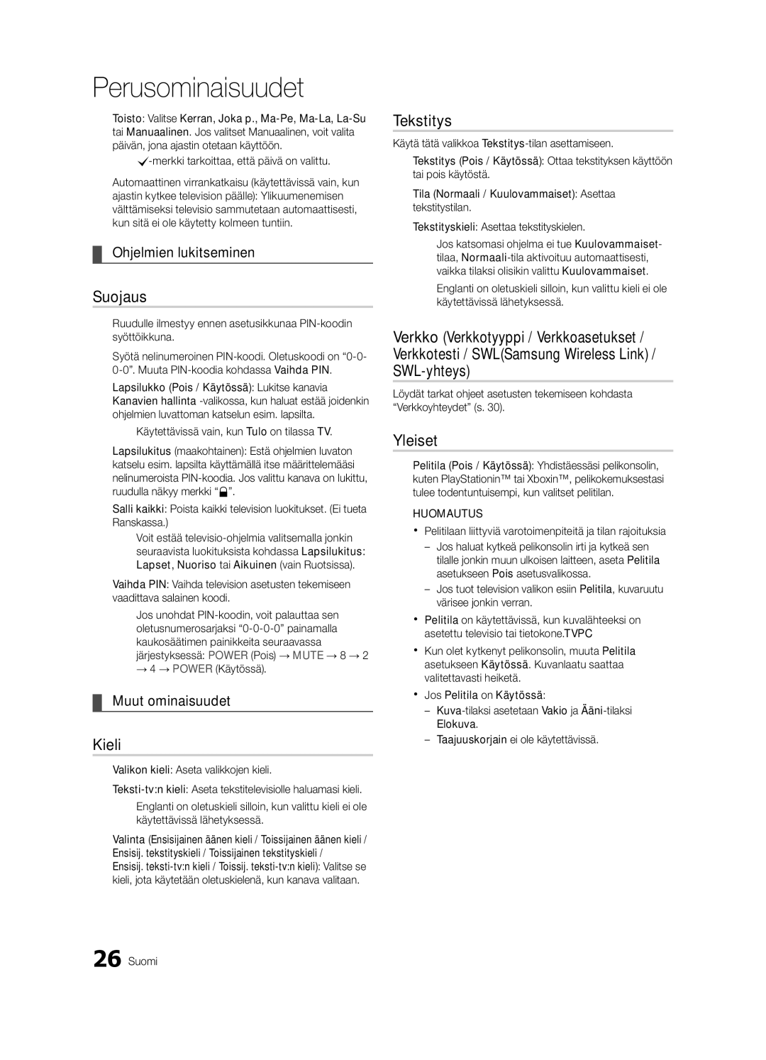 Samsung UE55C8705, UE40C8705, UE46C8705 user manual Suojaus, Kieli, Tekstitys, Yleiset, Ohjelmien lukitseminen 