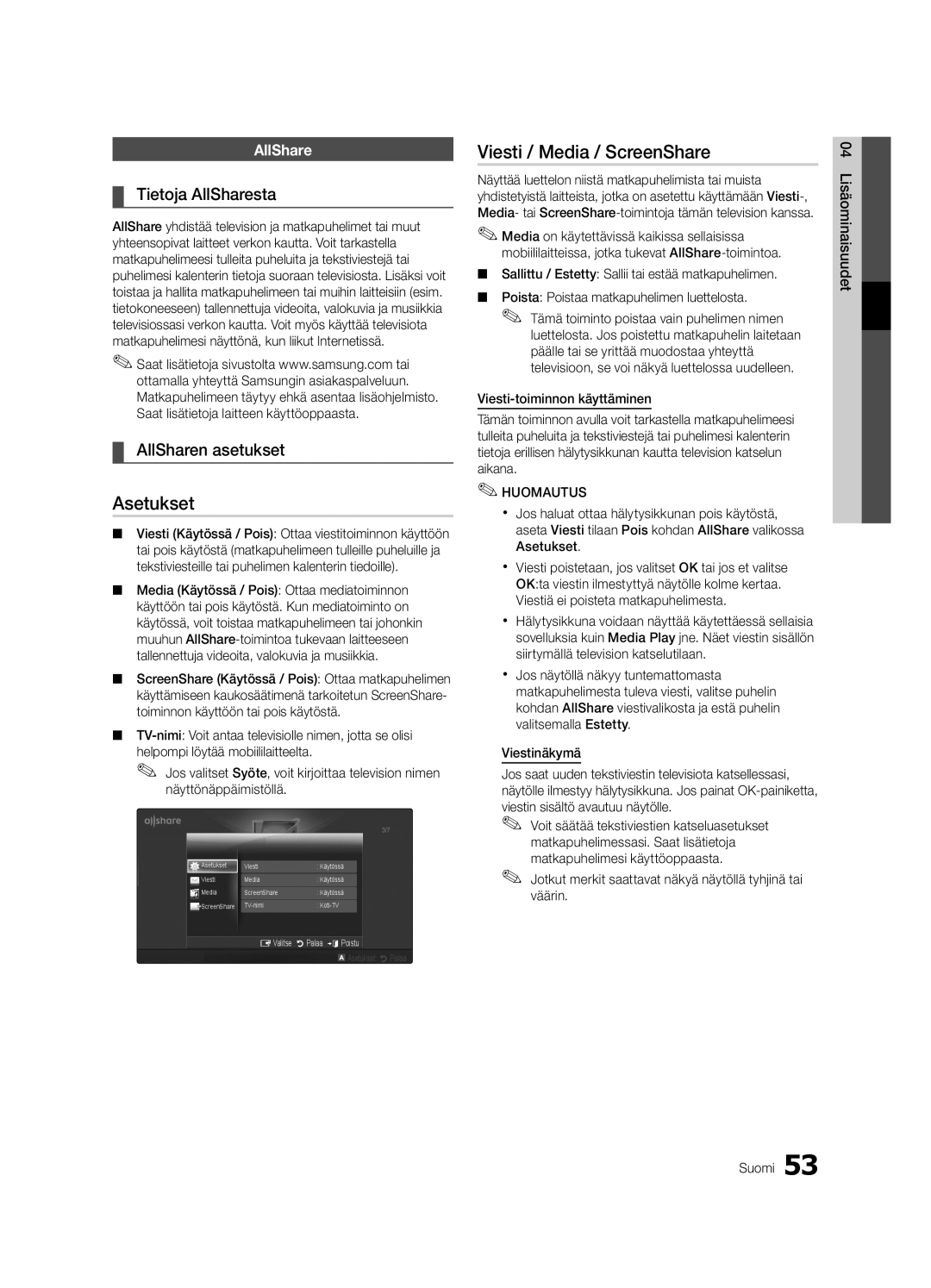 Samsung UE55C8705, UE40C8705, UE46C8705 user manual Viesti / Media / ScreenShare, Tietoja AllSharesta, AllSharen asetukset 