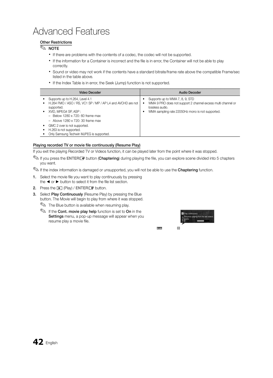 Samsung UE55C8705, UE40C8705, UE46C8705 user manual Supported Lossless audio, WMA sampling rate 22050Hz mono is not supported 