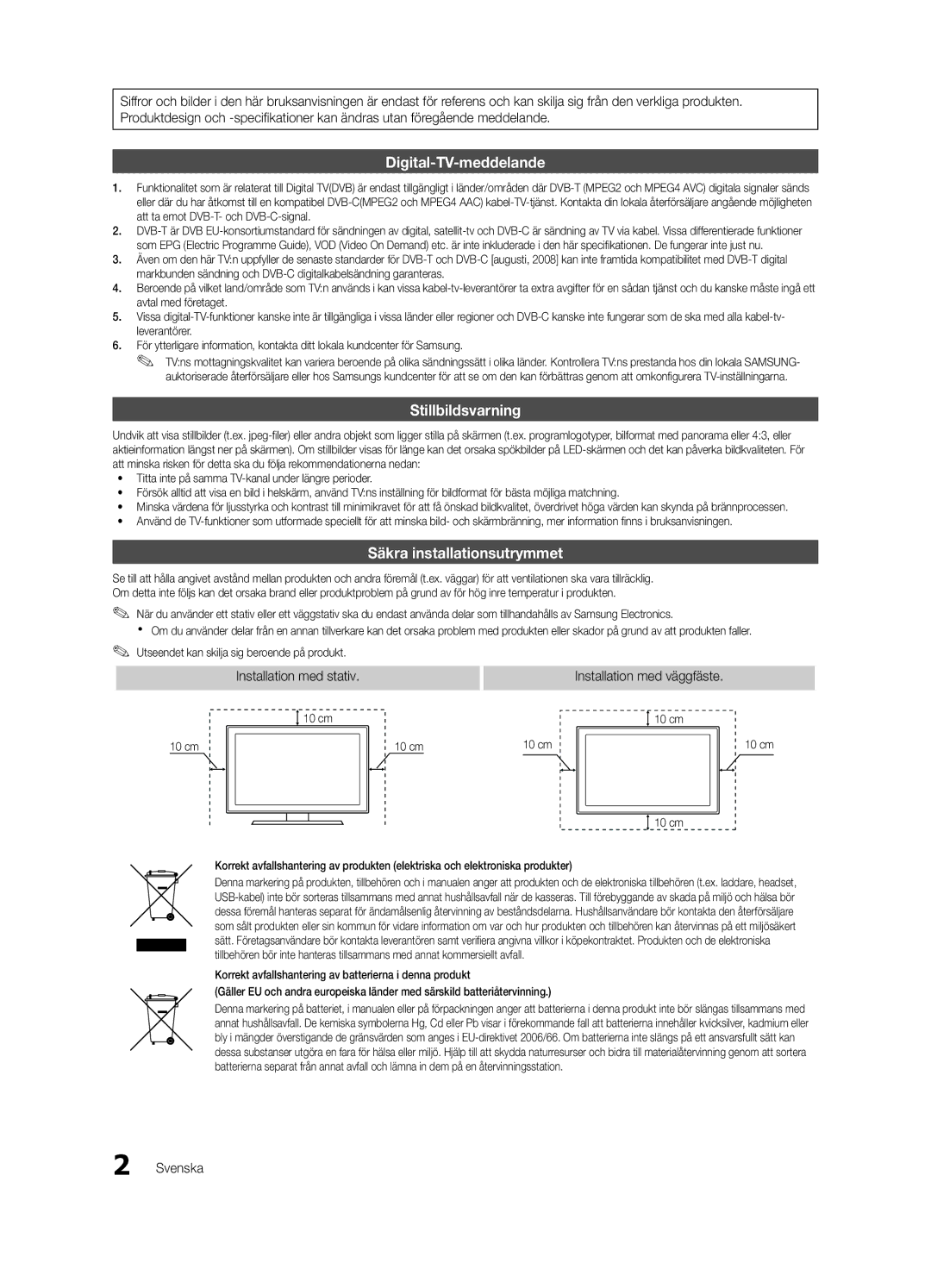 Samsung UE55C8705, UE40C8705, UE46C8705 user manual Installation med stativ Installation med väggfäste, Svenska 