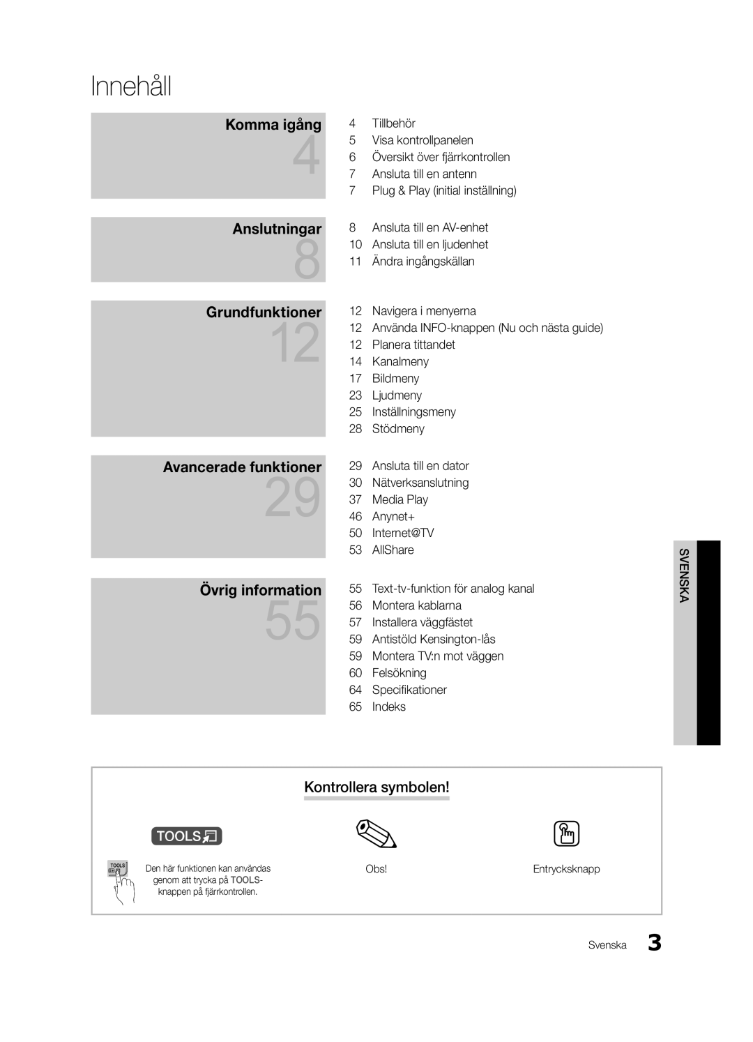 Samsung UE40C8705, UE55C8705, UE46C8705 user manual Innehåll, Kontrollera symbolen, Obs 