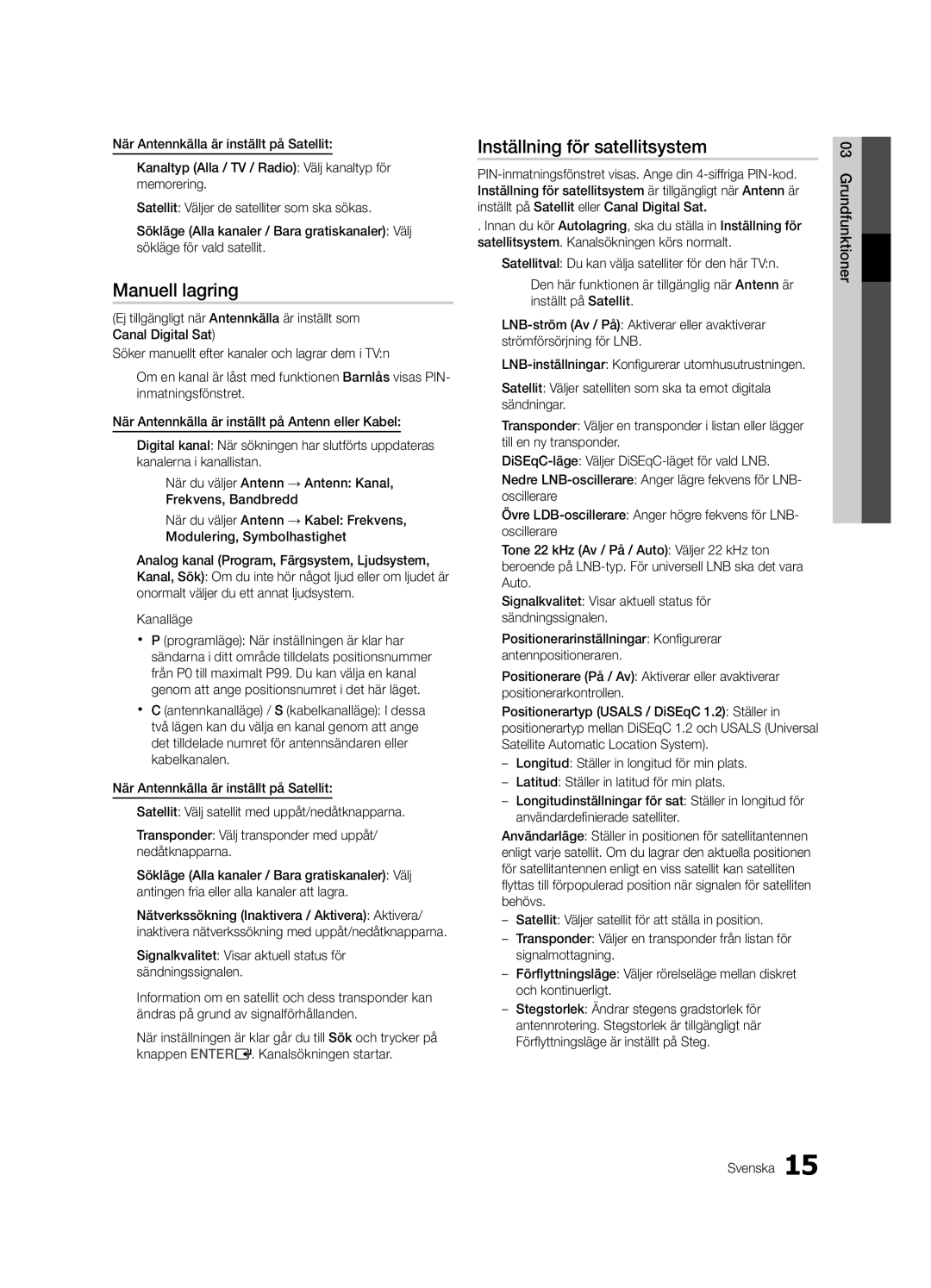 Samsung UE40C8705, UE55C8705, UE46C8705 user manual Manuell lagring, Inställning för satellitsystem, Grundfunktioner Svenska 