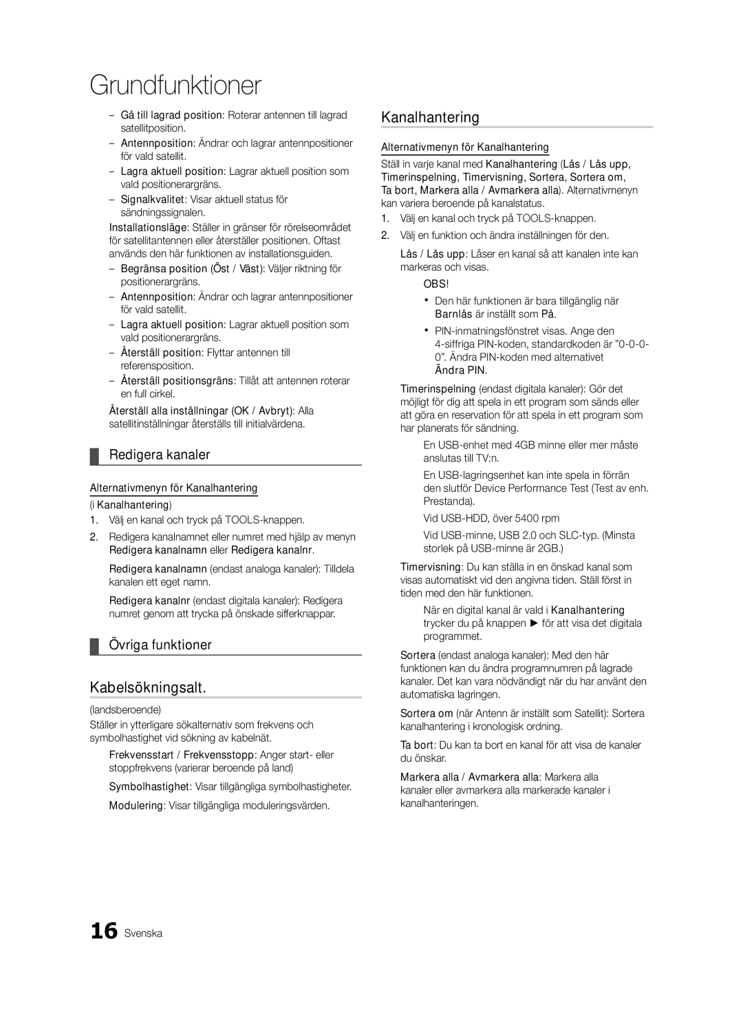 Samsung UE46C8705 Kabelsökningsalt, Redigera kanaler, Övriga funktioner, Landsberoende, Alternativmenyn för Kanalhantering 