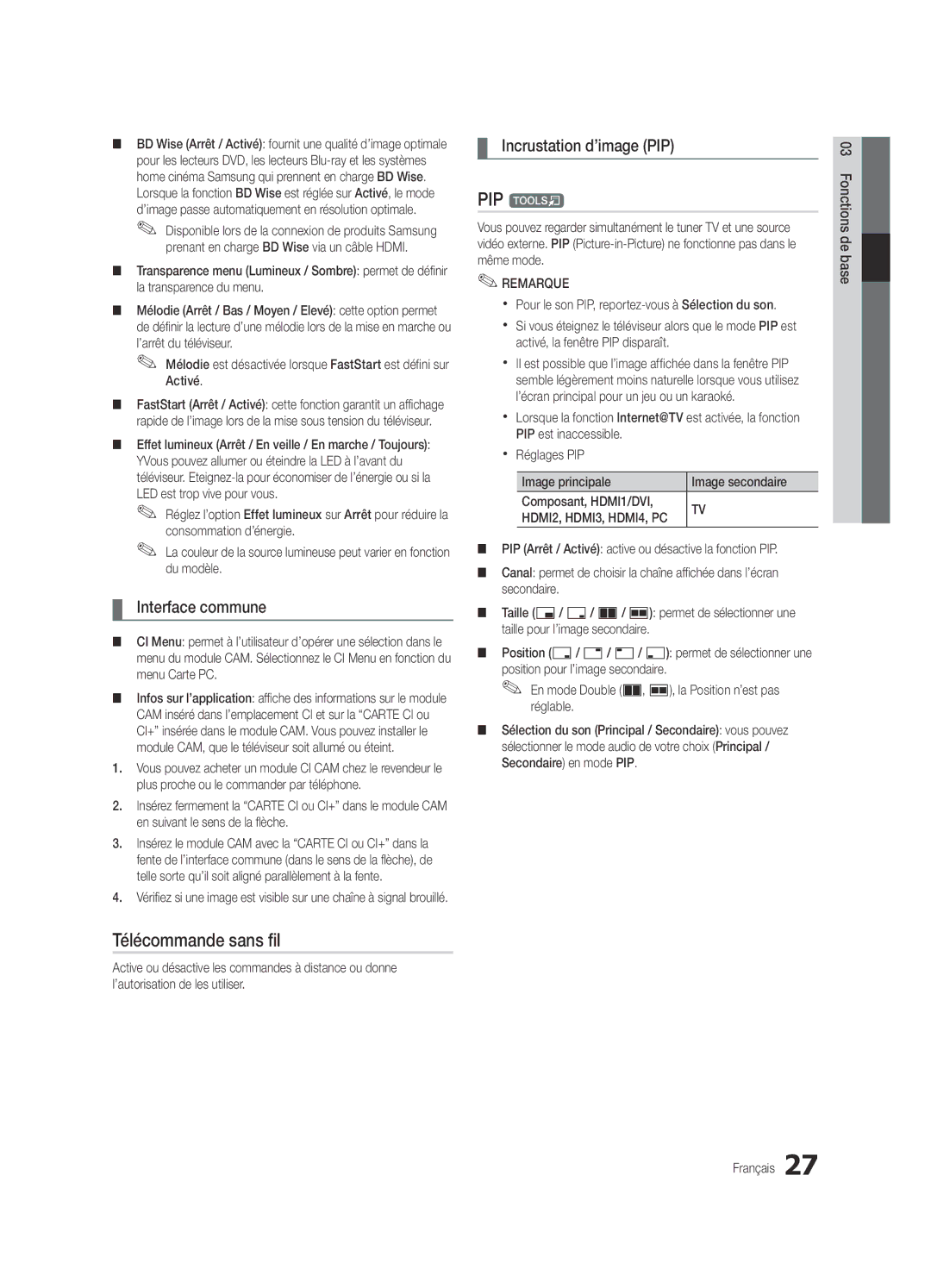 Samsung UE55C8700XSXXN, UE55C8790XZXZG, UE46C8780XSXZG Télécommande sans fil, Interface commune, Incrustation d’image PIP 