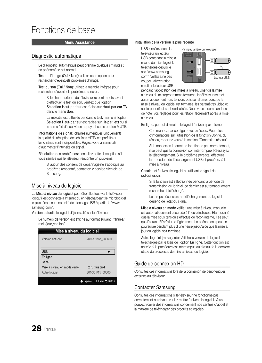 Samsung UE46C8780XSXZG manual Diagnostic automatique, Mise à niveau du logiciel, Guide de connexion HD, Contacter Samsung 