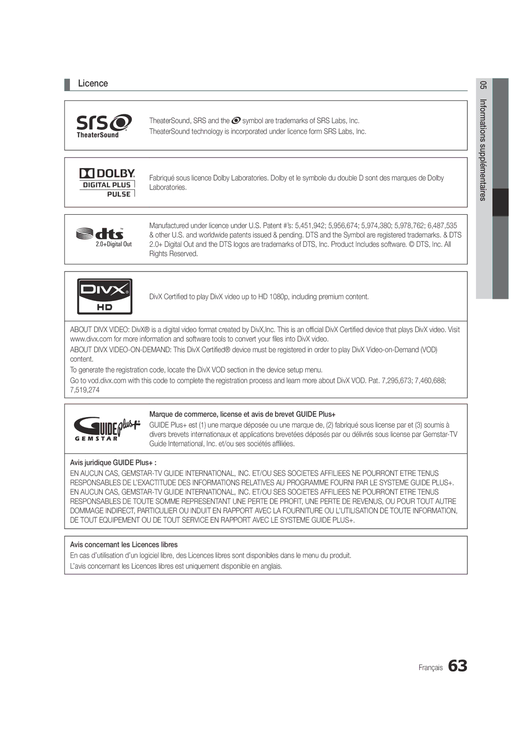 Samsung UE46C8700XSXZF, UE55C8790XZXZG, UE55C8700XSXXN, UE46C8780XSXZG, UE46C8700XSXXN Licence, Avis juridique Guide Plus+ 