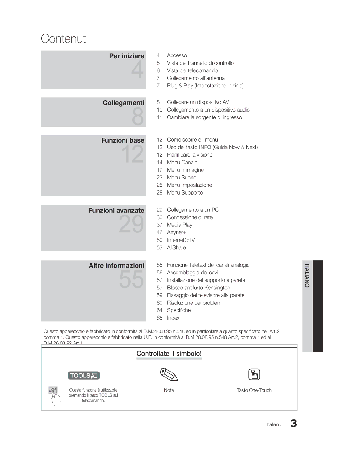 Samsung UE55C8700XSXZG, UE55C8790XZXZG, UE55C8700XSXXN, UE46C8780XSXZG, UE46C8700XSXXN manual Contenuti, Controllate il simbolo 