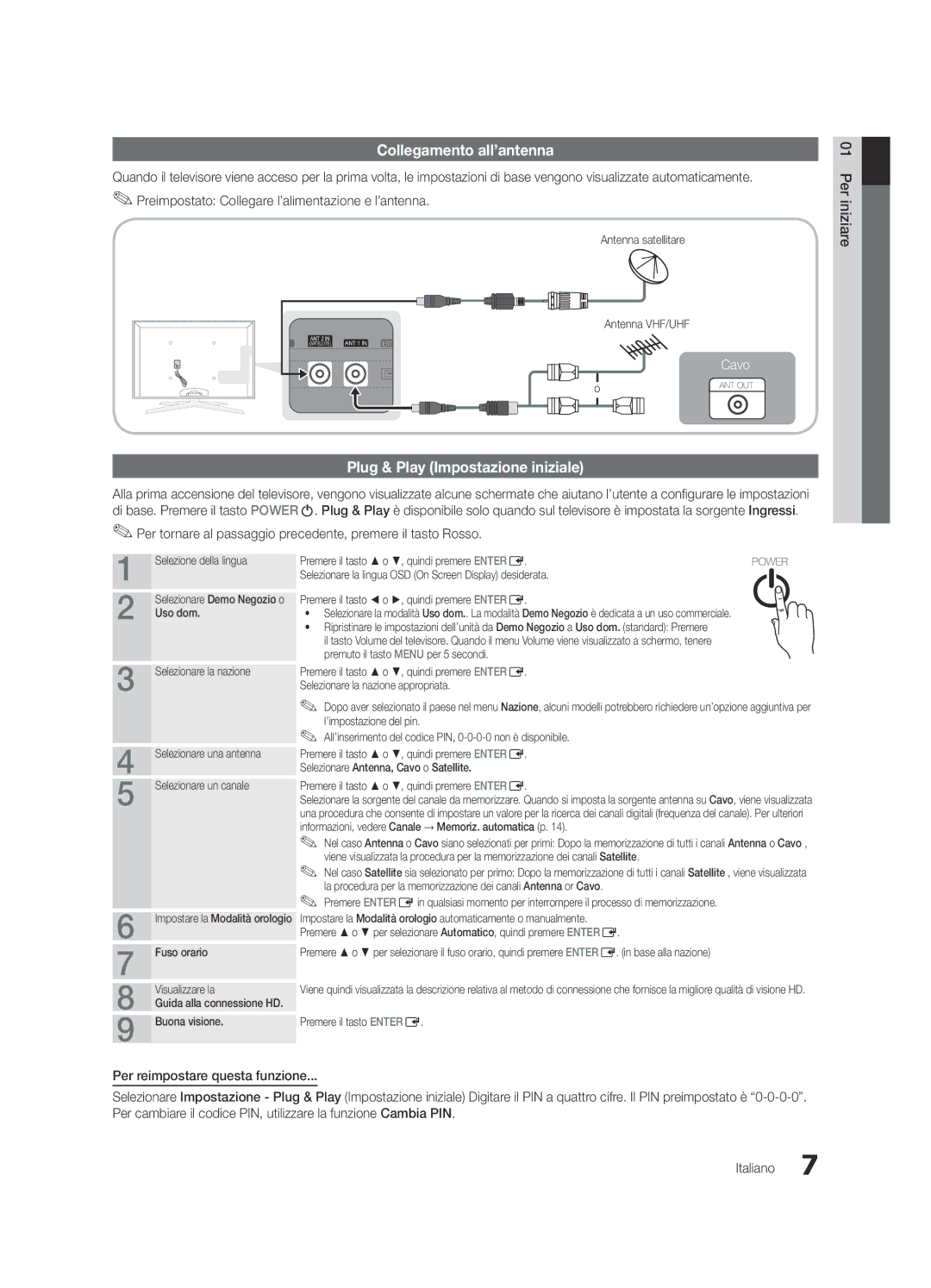 Samsung UE46C8700XSXXN, UE55C8790XZXZG, UE55C8700XSXXN manual Collegamento all’antenna, Plug & Play Impostazione iniziale 