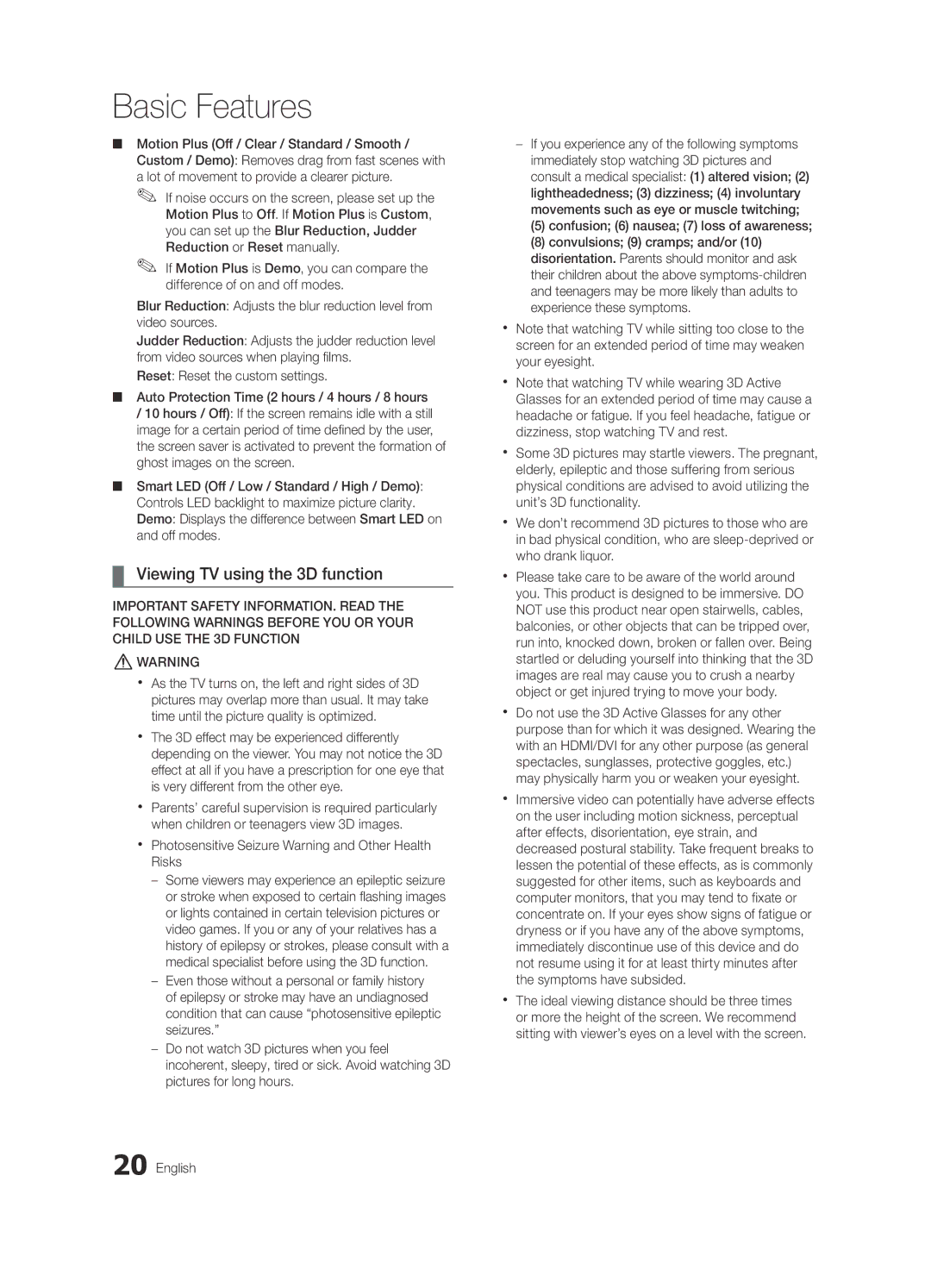 Samsung UE46C8790XZXZG manual Viewing TV using the 3D function, Xx Photosensitive Seizure Warning and Other Health Risks 