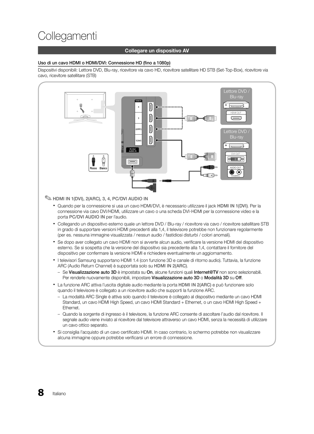 Samsung UE40C8700XSXZG, UE55C8790XZXZG, UE55C8700XSXXN, UE46C8780XSXZG manual Collegamenti, Collegare un dispositivo AV 