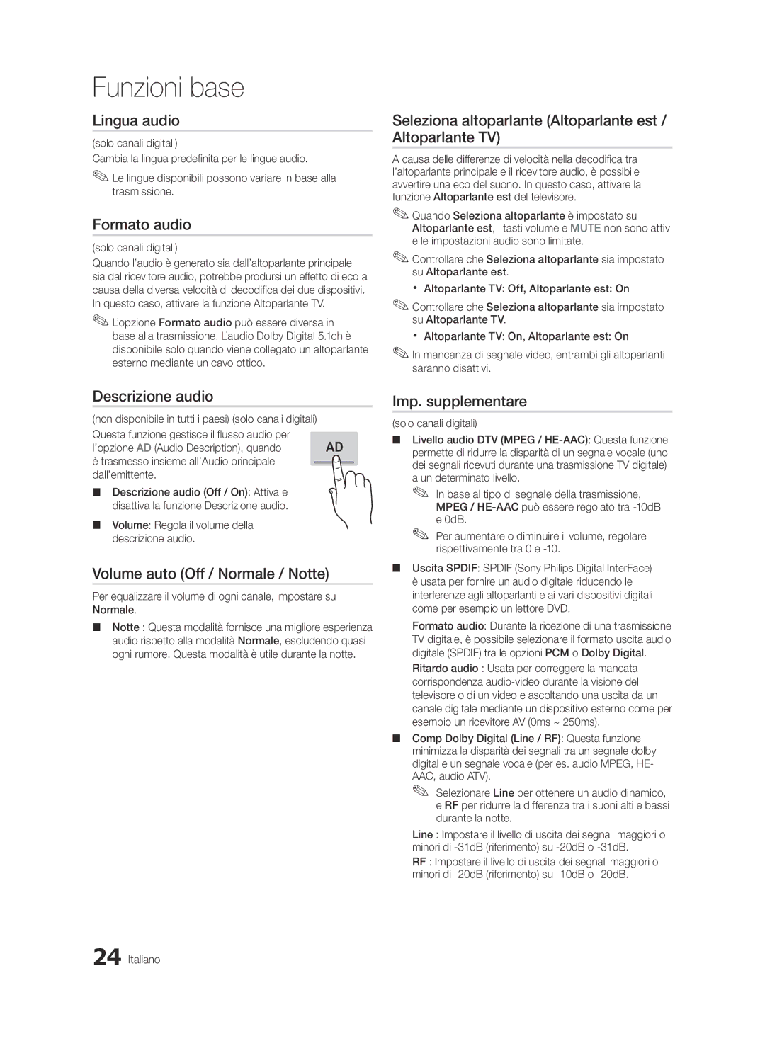 Samsung UE46C8790XZXZG manual Lingua audio, Formato audio, Seleziona altoparlante Altoparlante est / Altoparlante TV 