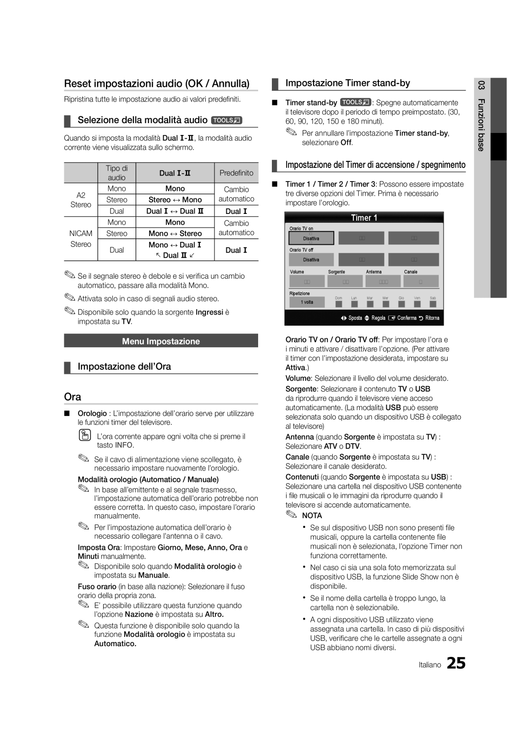 Samsung UE40C8700XSXXN Reset impostazioni audio OK / Annulla, Selezione della modalità audio t, Impostazione dell’Ora 