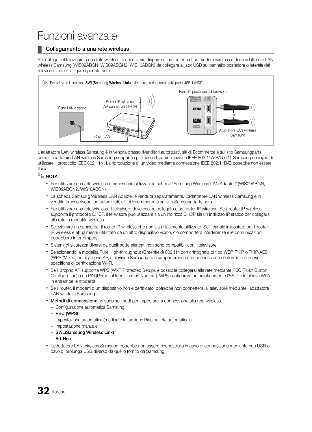 Samsung UE55C8790XZXZG, UE55C8700XSXXN, UE46C8780XSXZG manual Collegamento a una rete wireless, Porta LAN a parete, Cavo LAN 