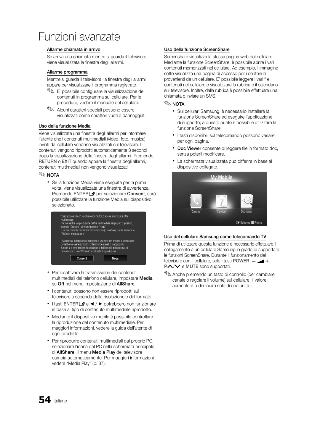 Samsung UE40C8700XSXZF, UE55C8790XZXZG manual Allarme chiamata in arrivo, Allarme programma, Uso della funzione Media 