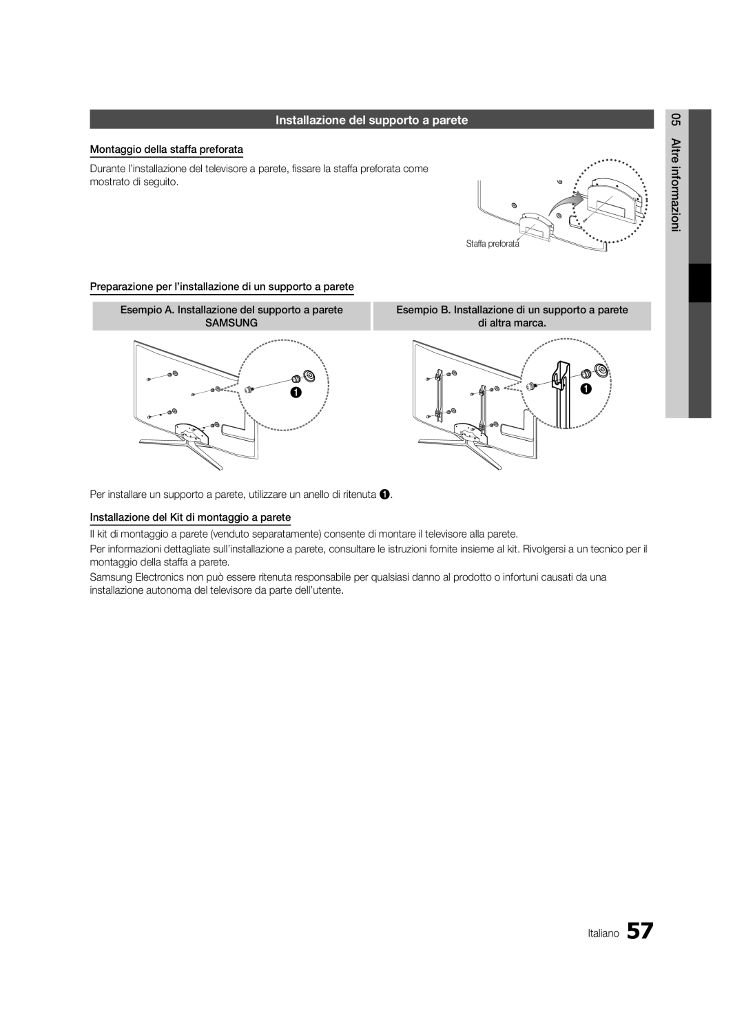 Samsung UE40C8780XSXZG manual Installazione del supporto a parete, Preparazione per l’installazione di un supporto a parete 