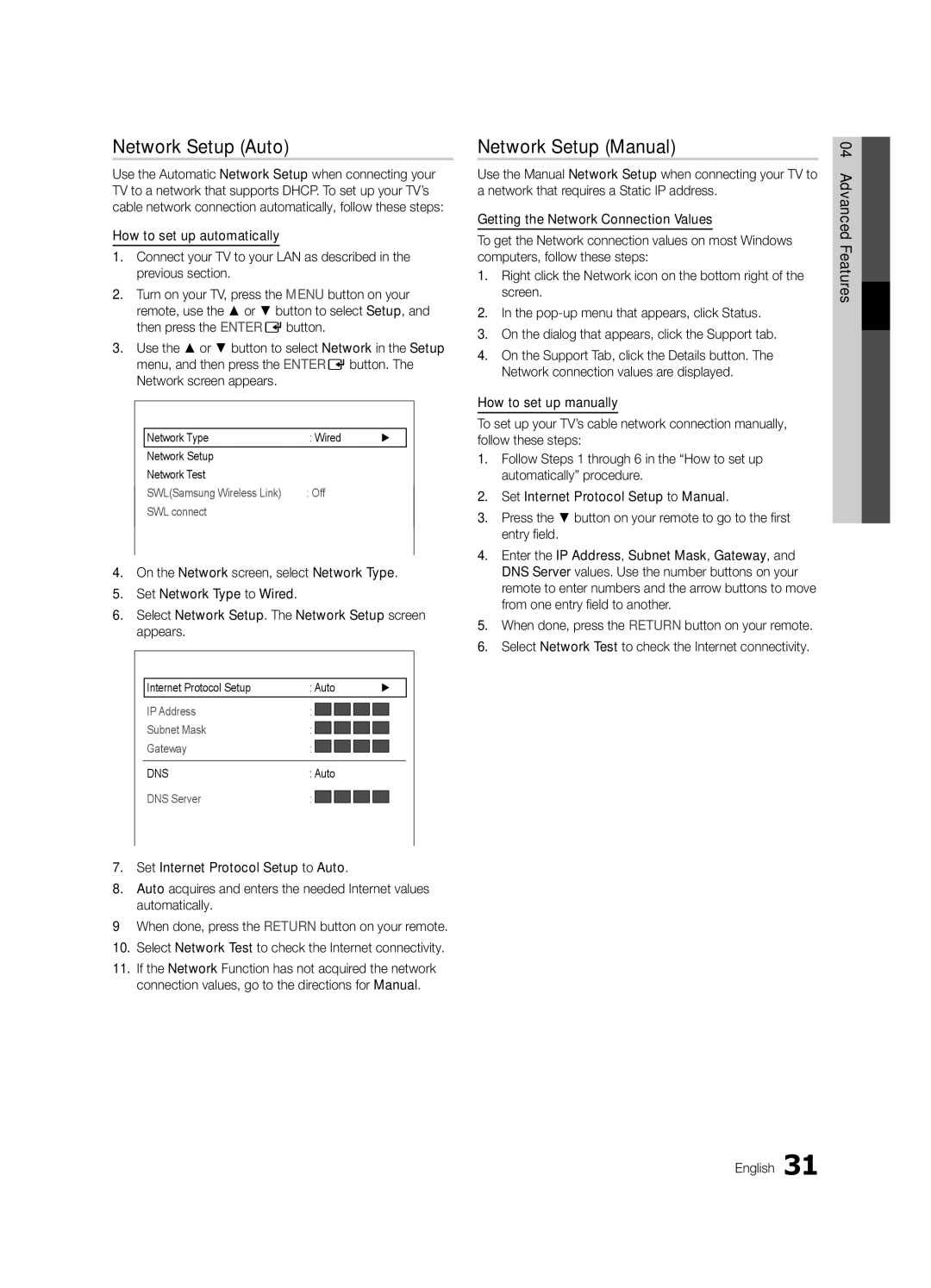 Samsung UE46C8700XSXXN manual Network Setup Auto, Network Setup Manual, Network Type Wired Network Setup Network Test 