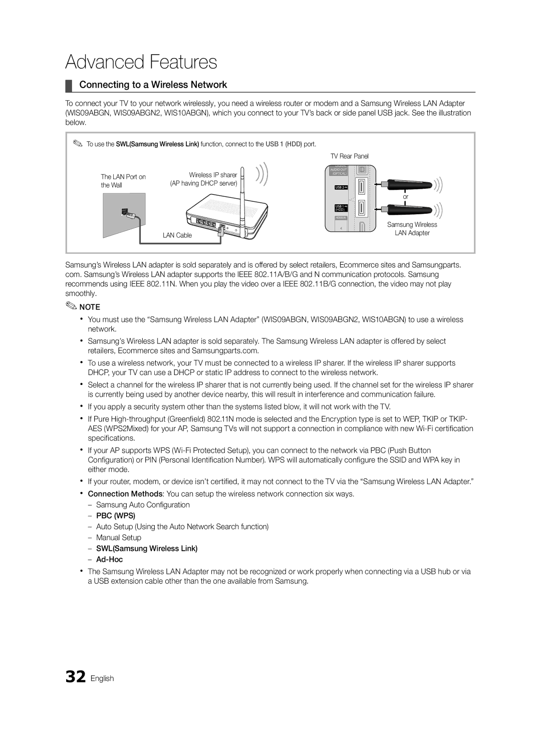 Samsung UE40C8700XSXZG, UE55C8790XZXZG manual Connecting to a Wireless Network, LAN Cable Samsung Wireless LAN Adapter 