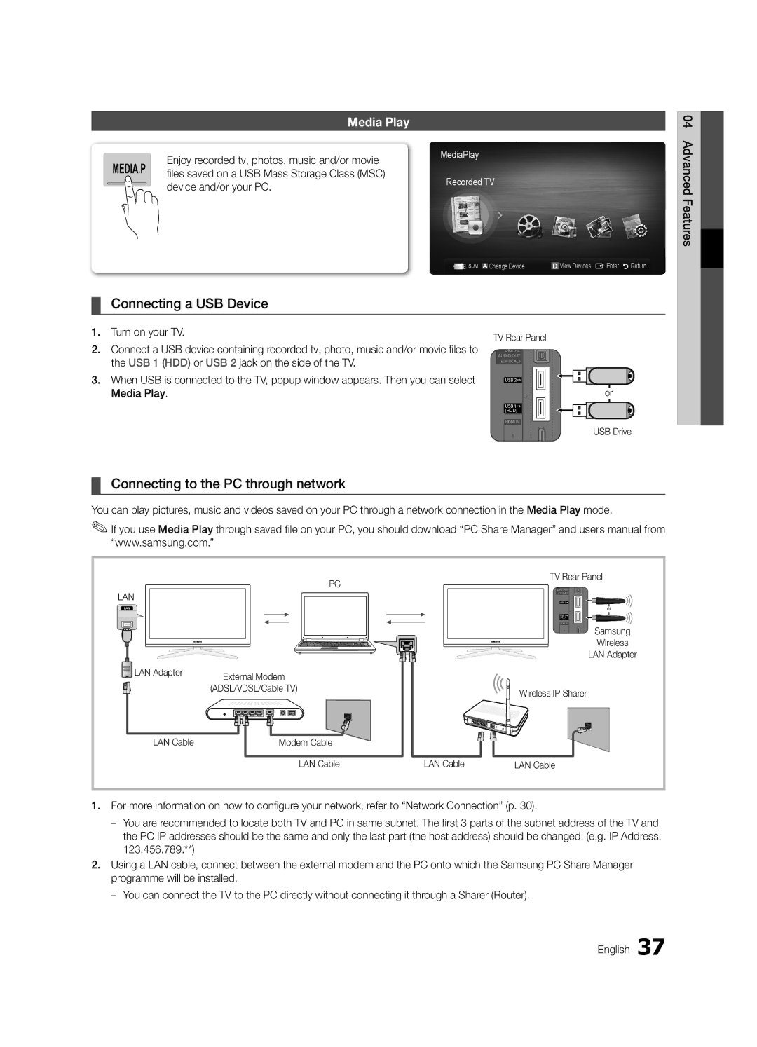 Samsung UE46C8700XSXZF Connecting a USB Device, Connecting to the PC through network, Media Play, Device and/or your PC 