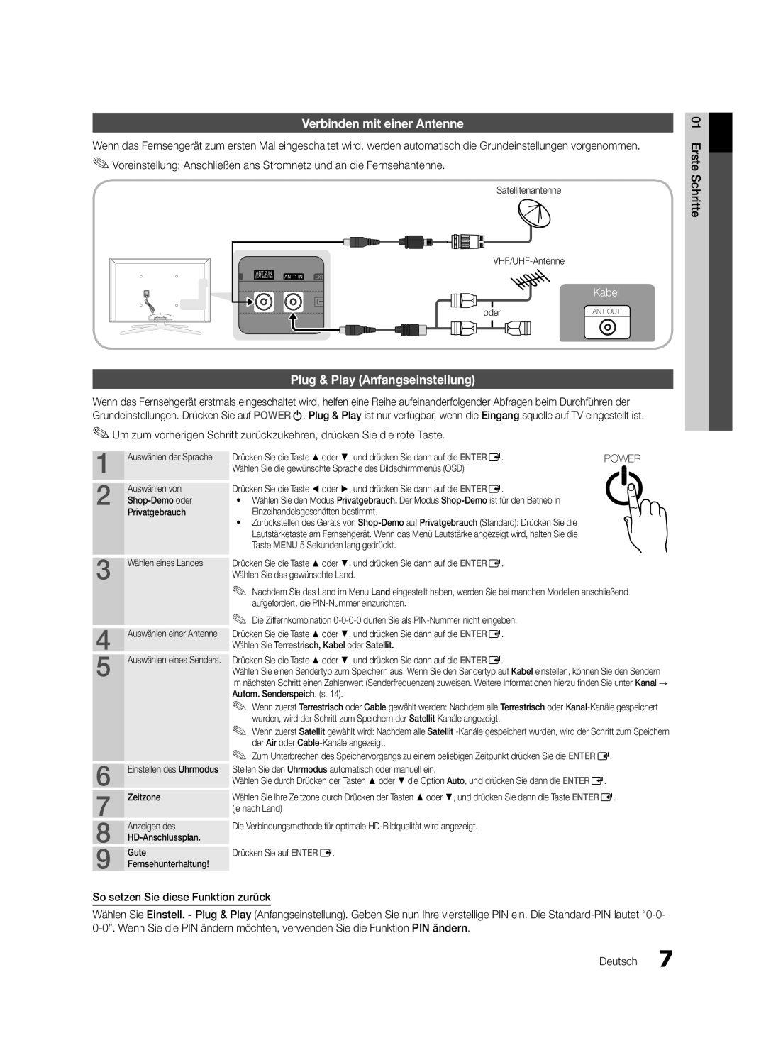 Samsung UE55C8700XSXXN, UE55C8790XZXZG, UE46C8780XSXZG manual Verbinden mit einer Antenne, Plug & Play Anfangseinstellung 